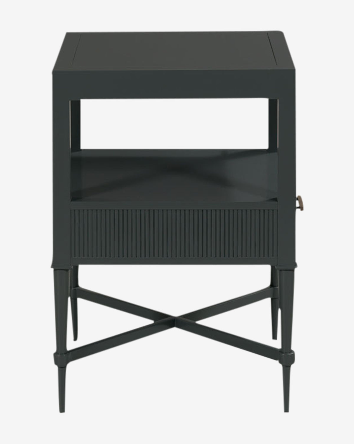 The Martinez Nightstand offers a modern dark gray finish, tapered legs with X-crossbars, an open shelf, and a lower compartment with a textured reeded drawer front, by McGee & Co.