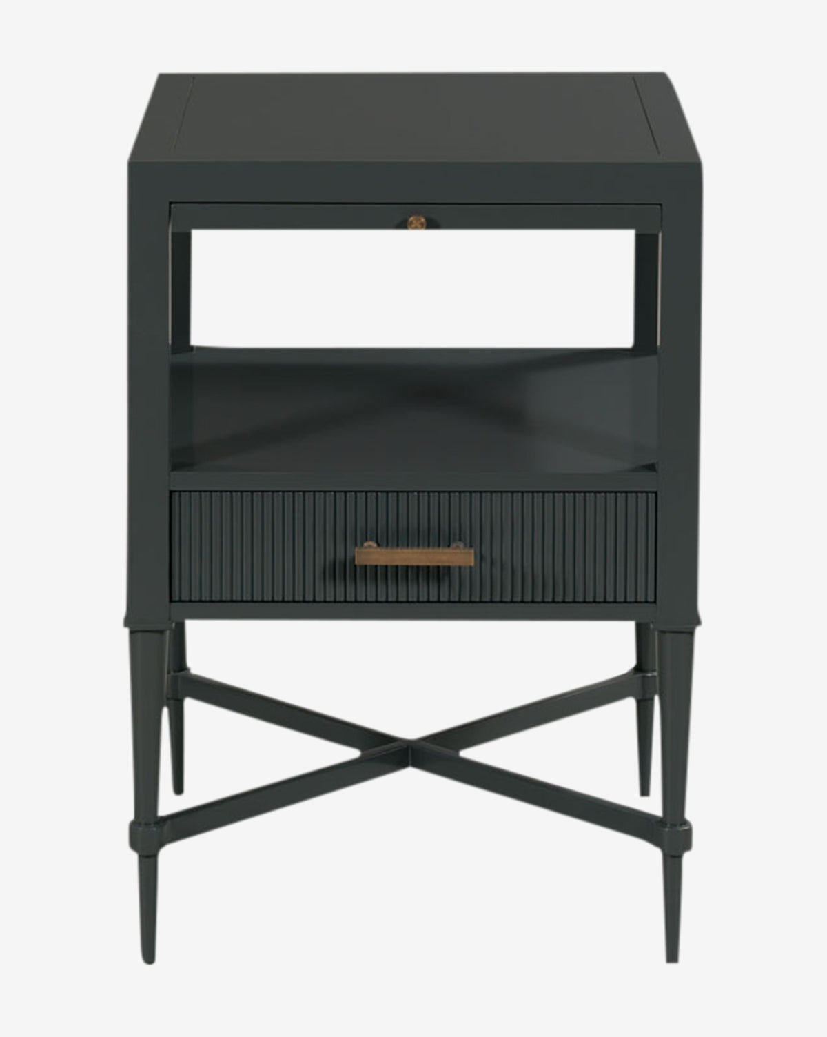 The Martinez Nightstand showcases a modern black finish, slender legs with crisscrossed supports, a reeded drawer front with brass hardware, and an open center shelf for stylish storage, by McGee & Co.