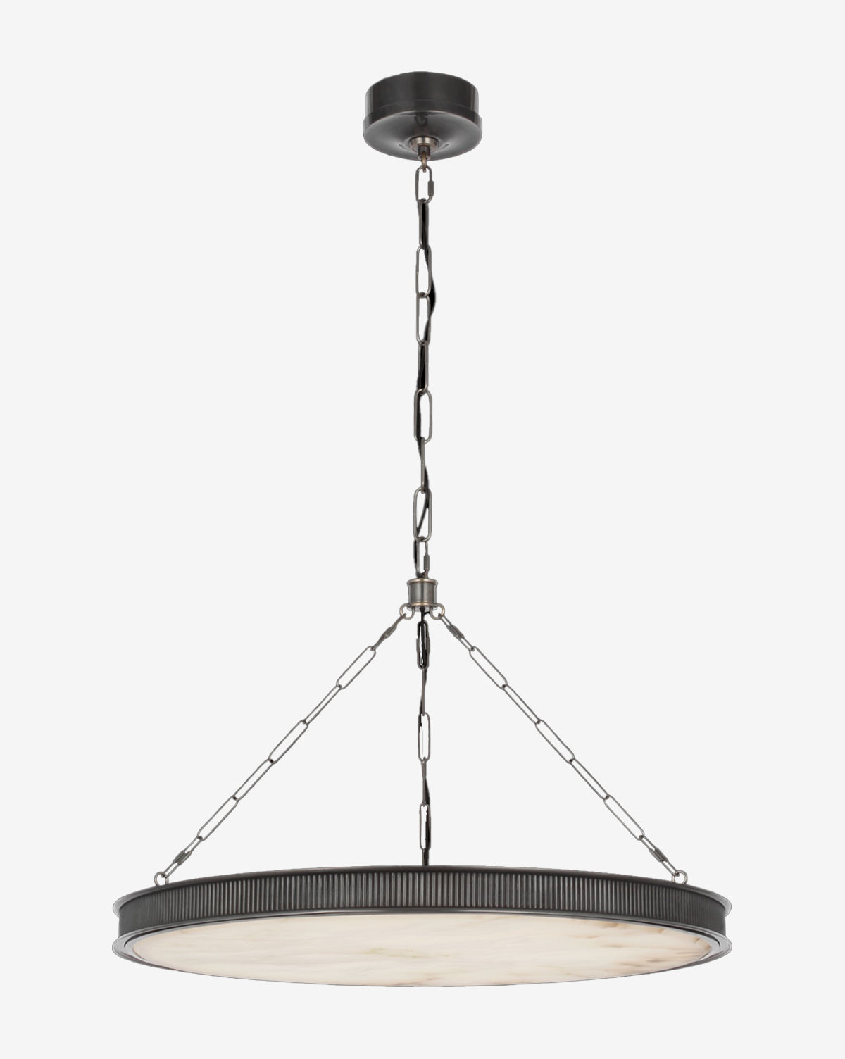 The Matthew Chandelier by Visual Comfort & Co. Signature features a round, flat black metal frame, three chain supports, and an alabaster shade as a white diffuser, suspended from a ceiling mount—available at McGee & Co.