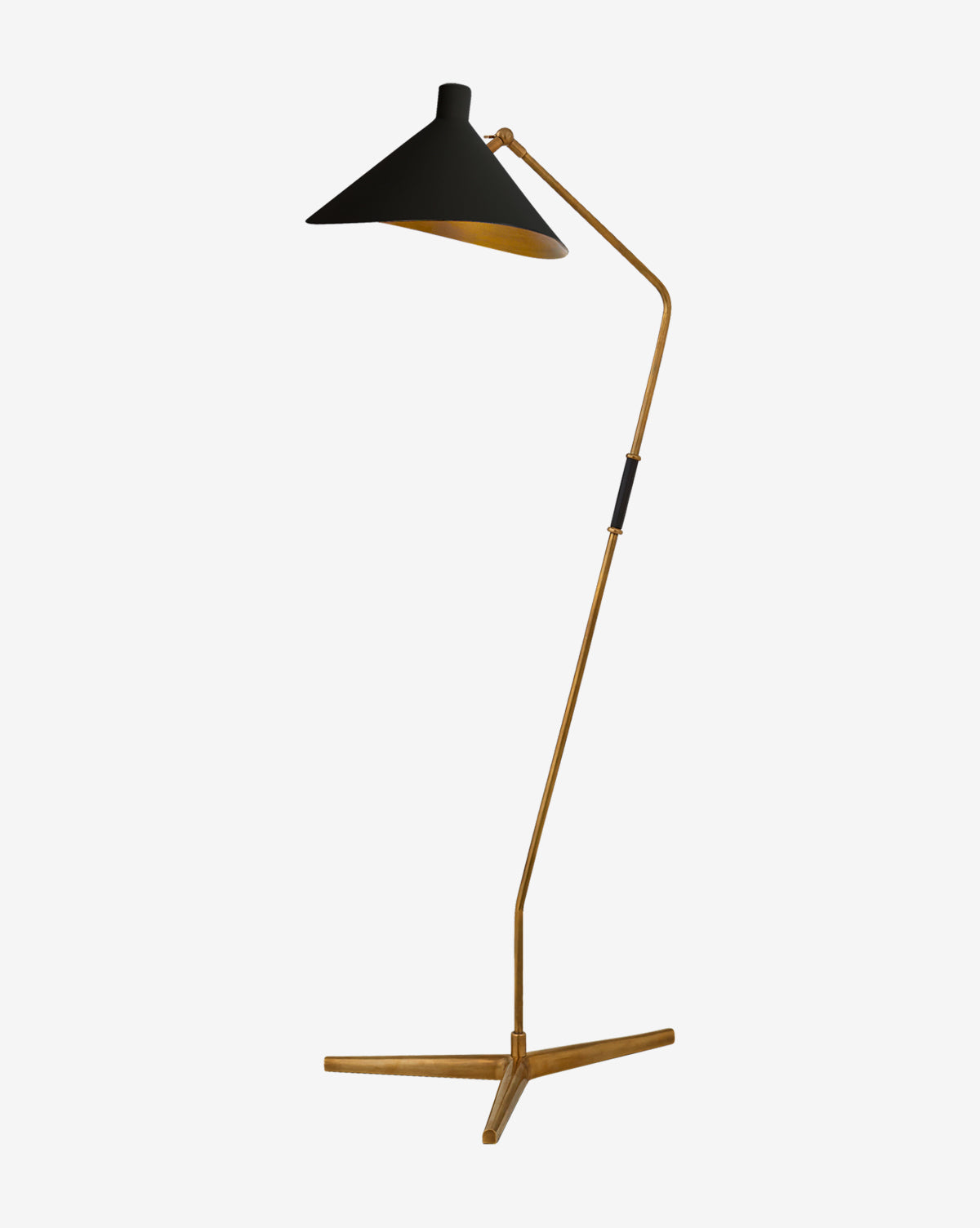 The Mayotte Offset Floor Lamp by Visual Comfort & Co. Signature features an antique brass, angular metal stand, a wide black shade, and a three-legged base, shown against a plain white background. McGee & Co.