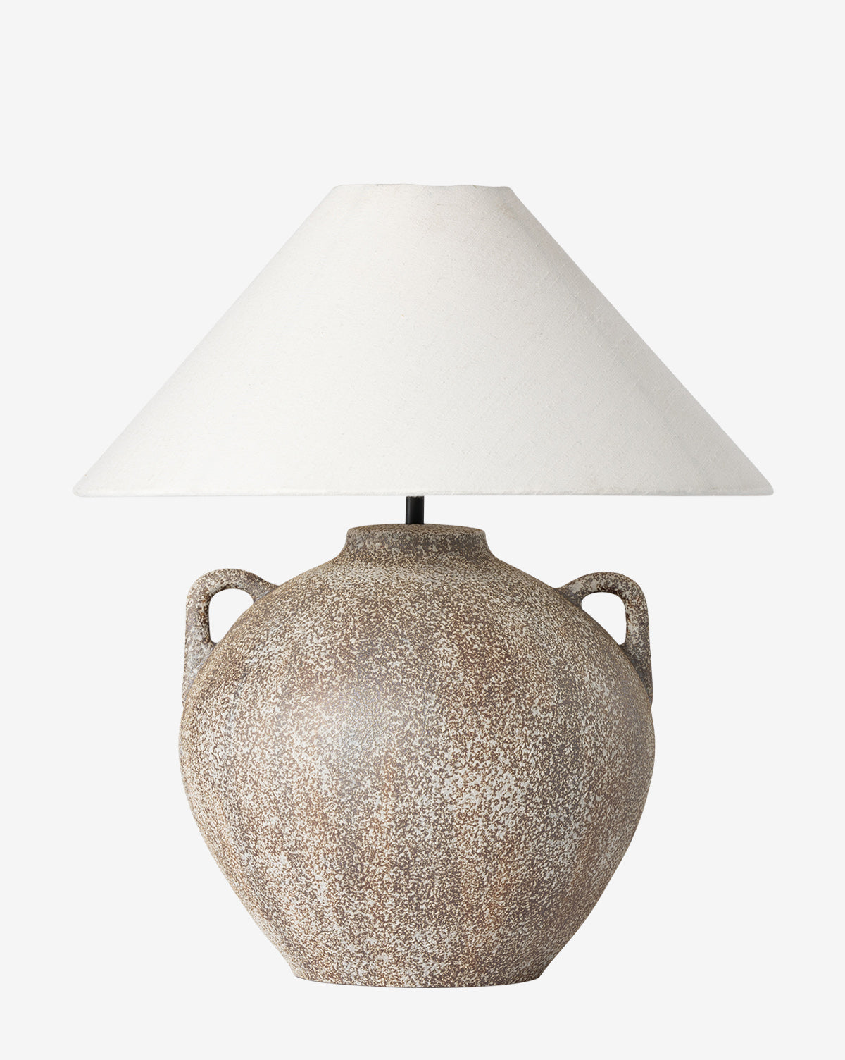 The Mays Table Lamp features a sand-colored, textured ceramic base with two handles, reminiscent of a rustic vase, and is topped with a wide off-white fabric shade, shown against a plain white background, by McGee & Co.