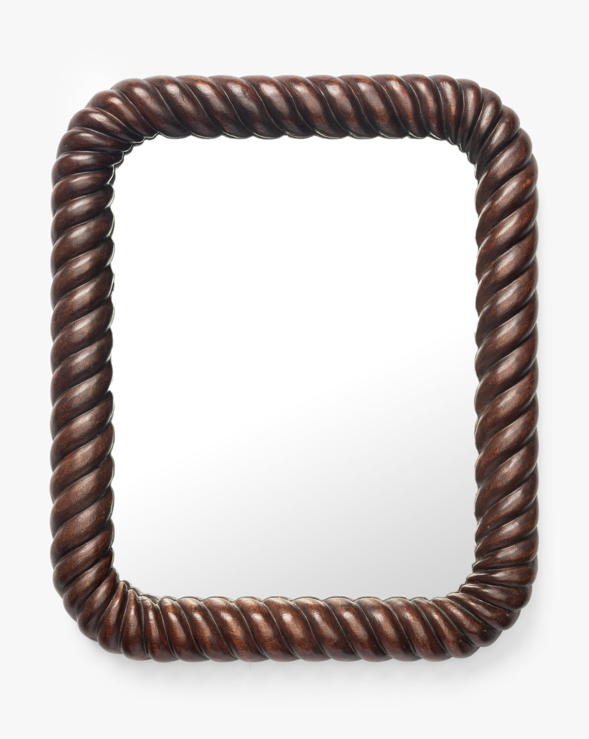 The Mayweather Shelf Mirror has a rectangular shape with a thick, dark red walnut frame inspired by rope detailing, set against a plain white background, by McGee & Co.