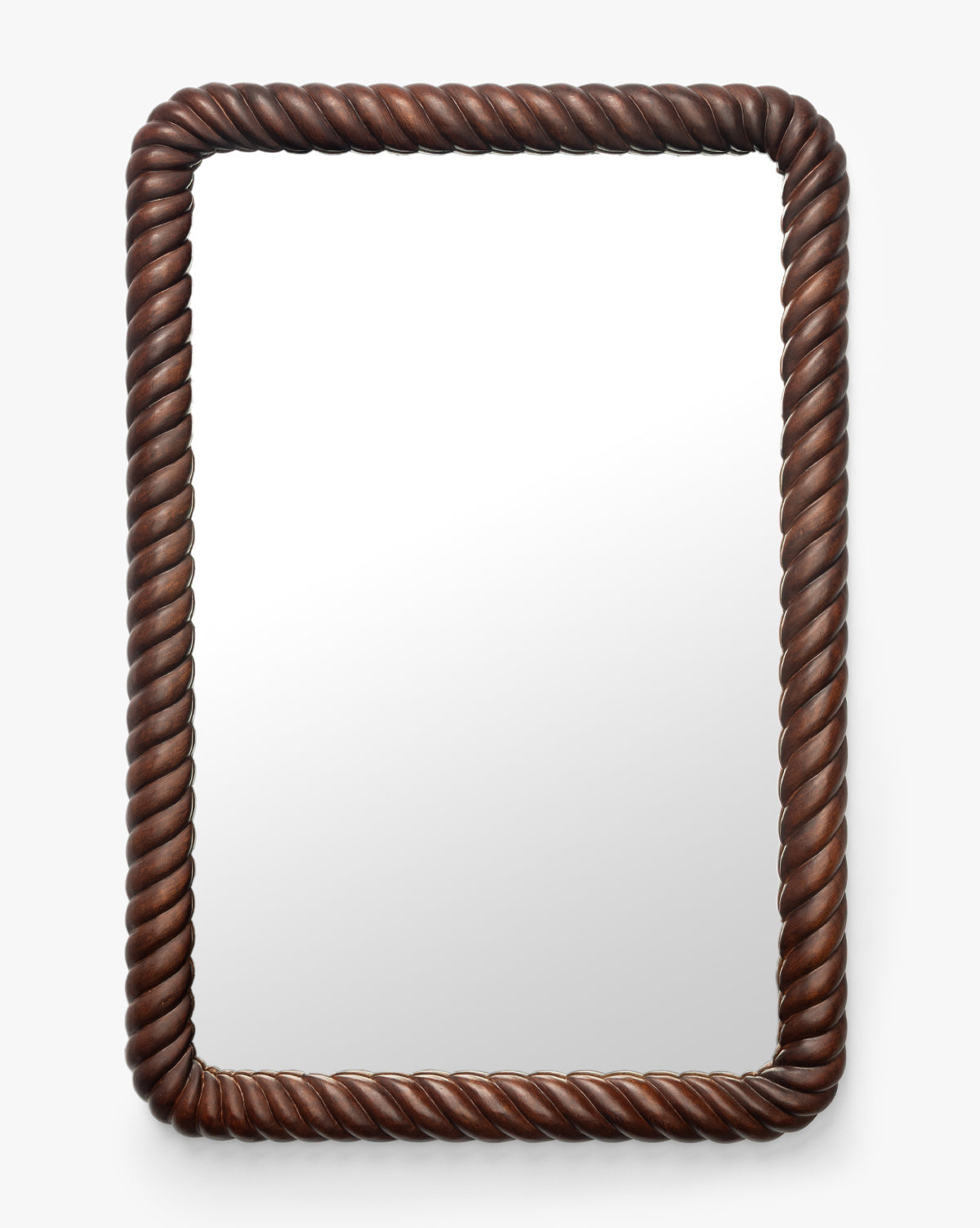 The Mayweather Wall Mirror showcases a rectangular design with a rope-inspired dark red walnut frame, highlighted by a plain white background, by McGee & Co.