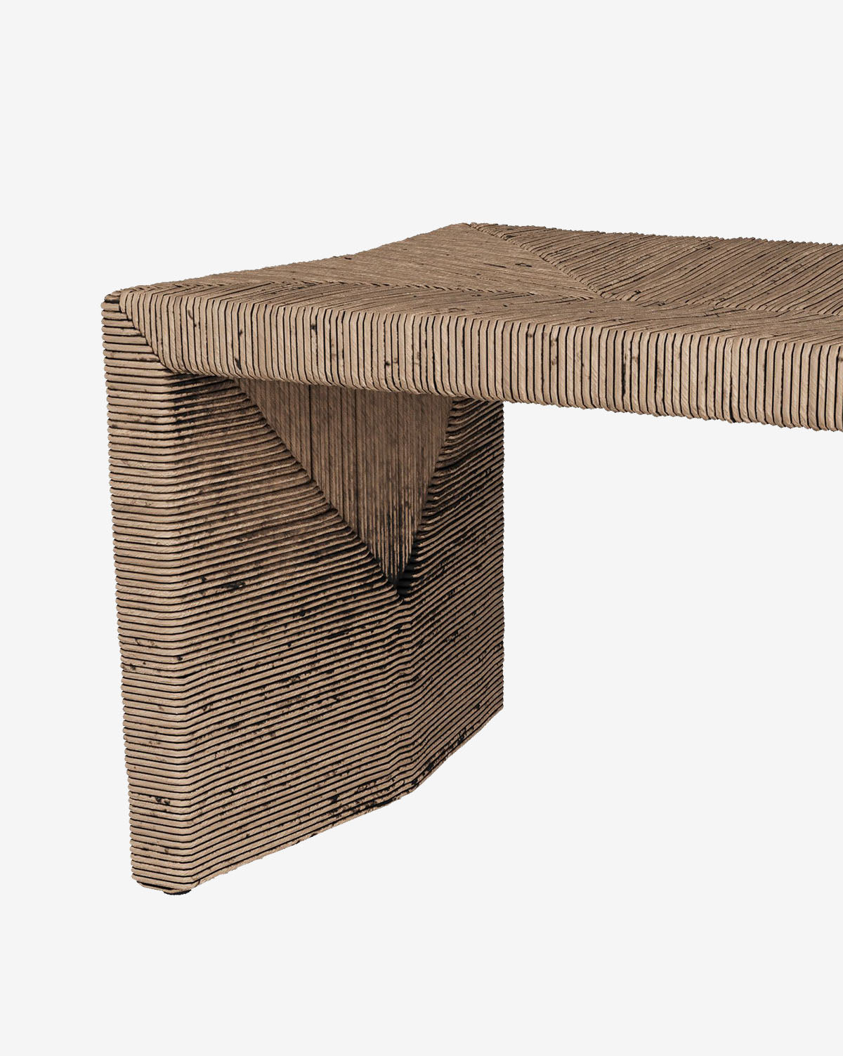 A close-up of the McCarthy Bench, a modern entryway seating bench with a geometric design, crafted from layered corrugated cardboard in natural brown tones, highlighting its textured and striped surface by McGee & Co.