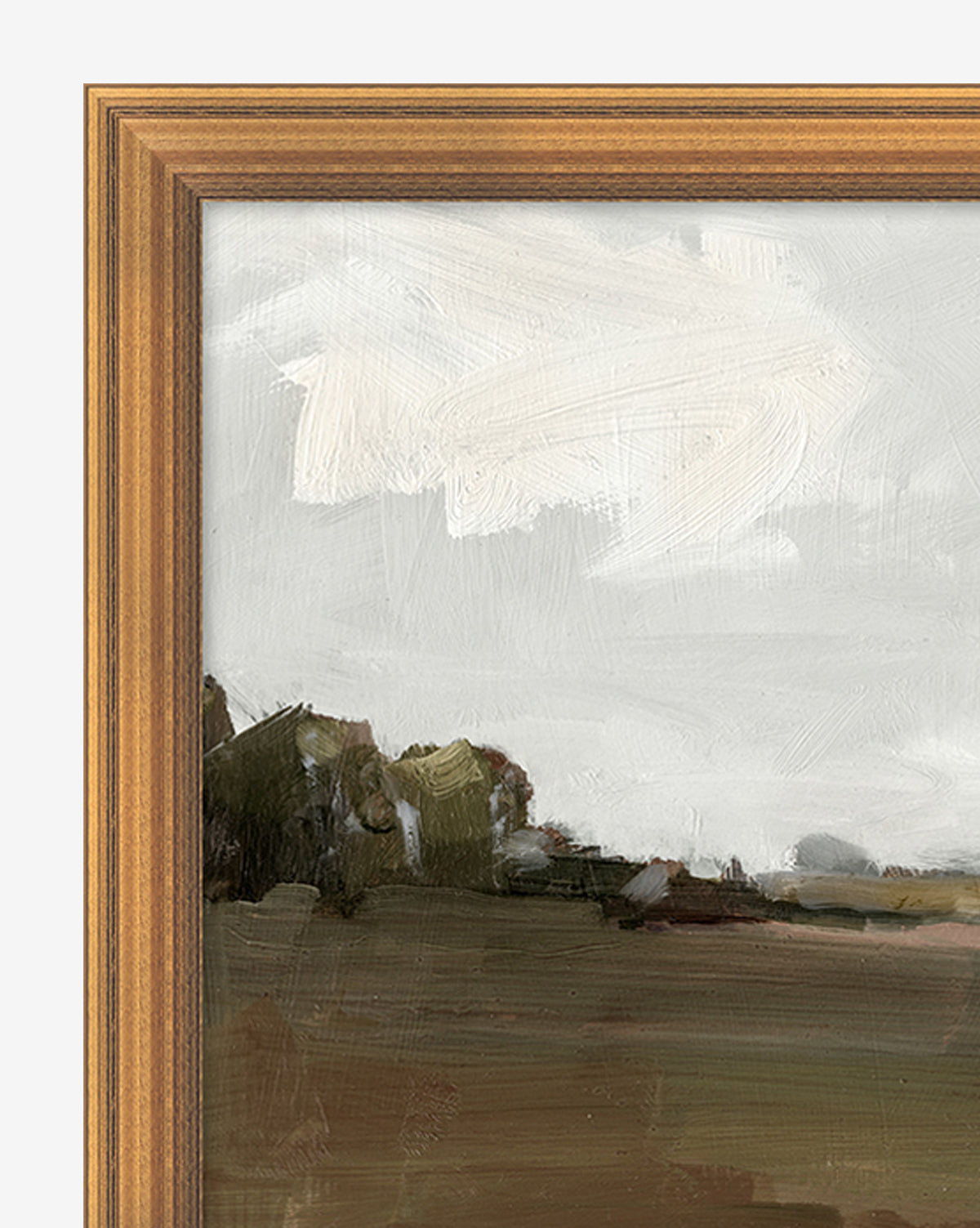 A close-up of the top left corner of Meadow Landscape by Monique Lazard shows muted green and brown fields, distant trees, and a cloudy sky—an elegant framed art piece for home decor.