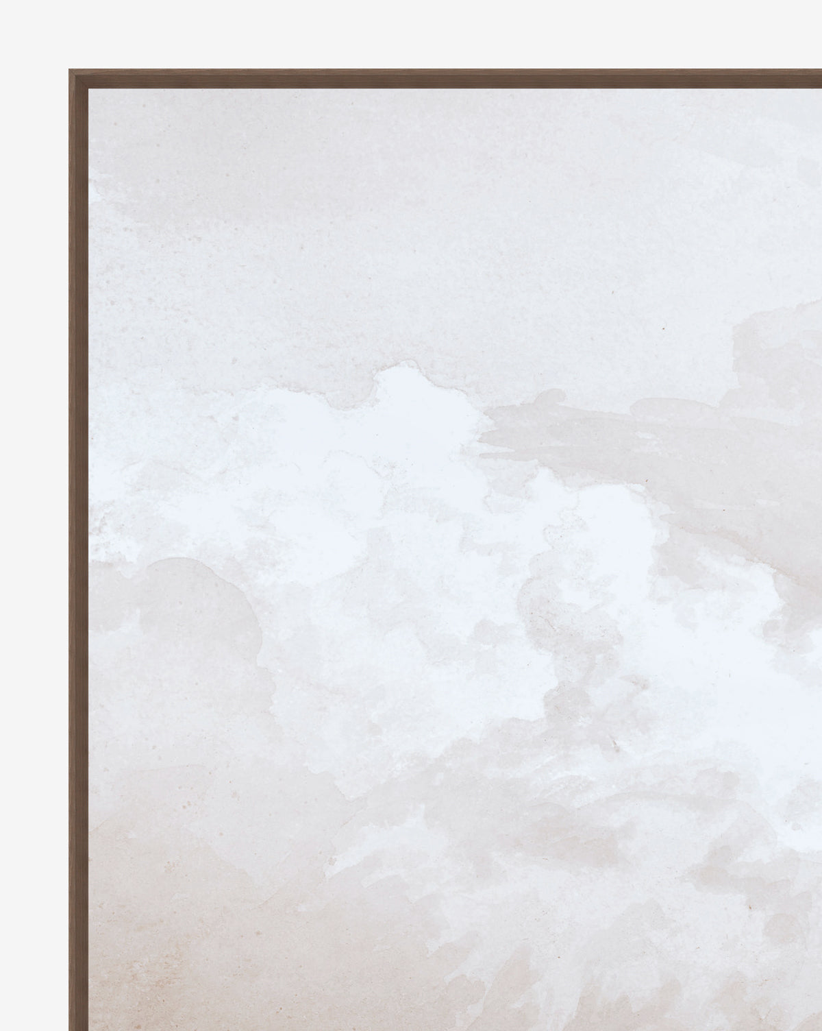 Meditation on Clouds is a minimalist abstract painting in soft beige and white, evoking clouds or mist, elegantly presented in a simple walnut wood frame.