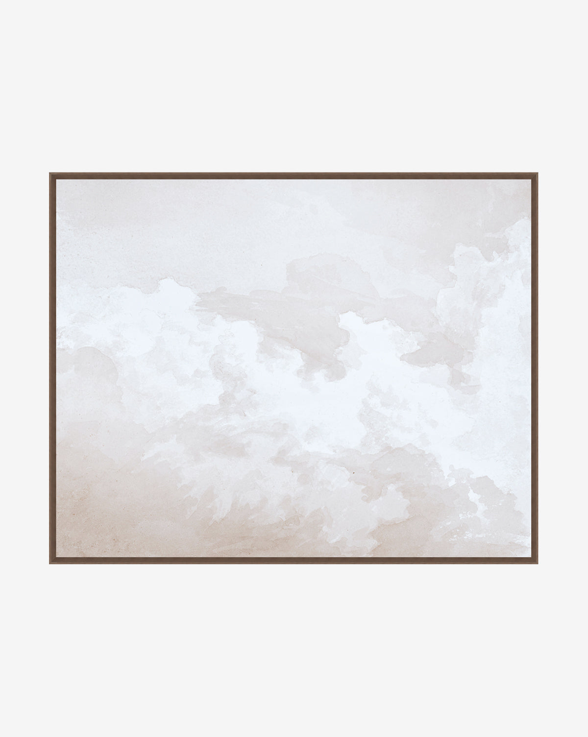 Meditation on Clouds is a minimalist watercolor painting featuring soft beige and white clouds on a light background. Framed in walnut wood, this neutral-toned artwork creates a calm, airy atmosphere.