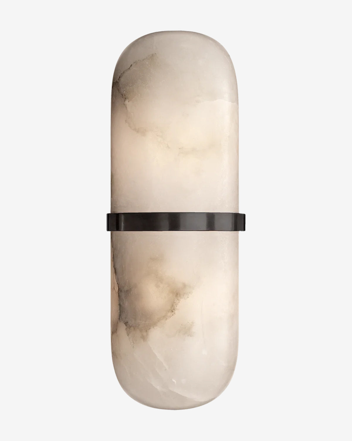 The Melange Pill Form Sconce by Visual Comfort & Co. Signature features an elongated, rounded white alabaster shade with soft marbled patterns and a dark metal band encircling its center for a modern, elegant look. McGee & Co.