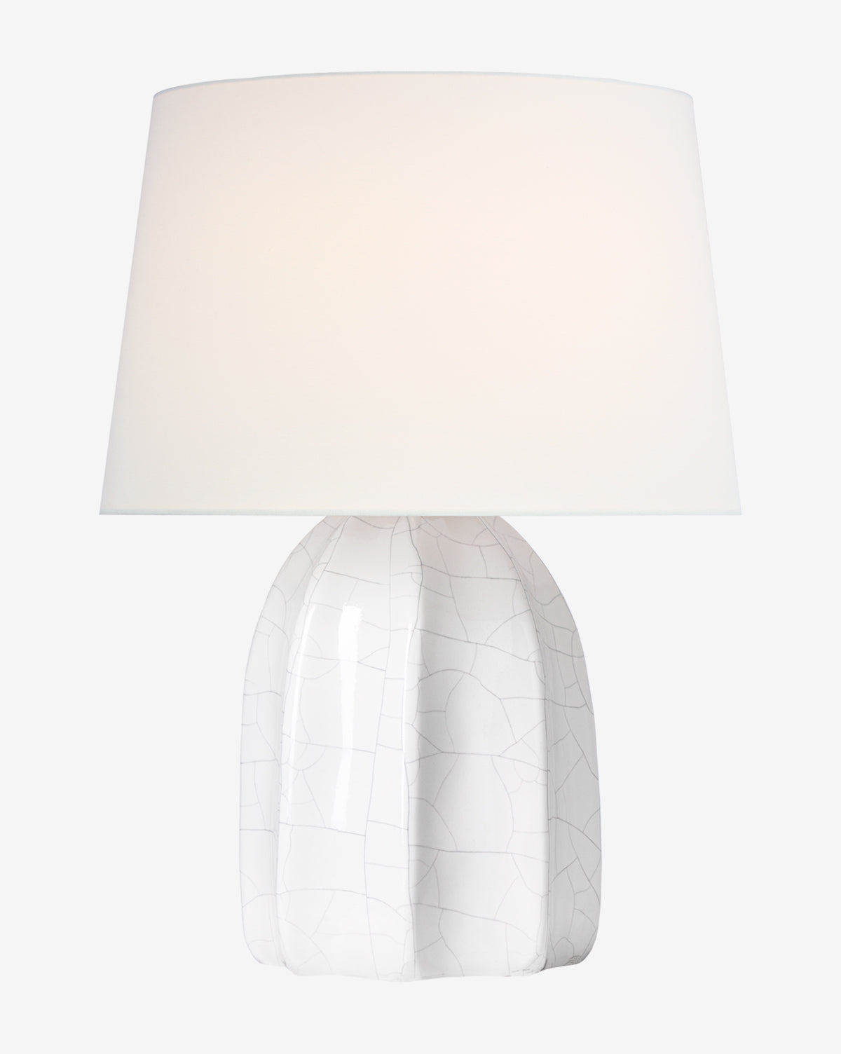 The Melanie 12 Cordless Accent Lamp by Visual Comfort & Co. Signature features a glossy ivory ceramic base with subtle crackle patterns, a wide round shade, and a modern minimalist design. McGee & Co.