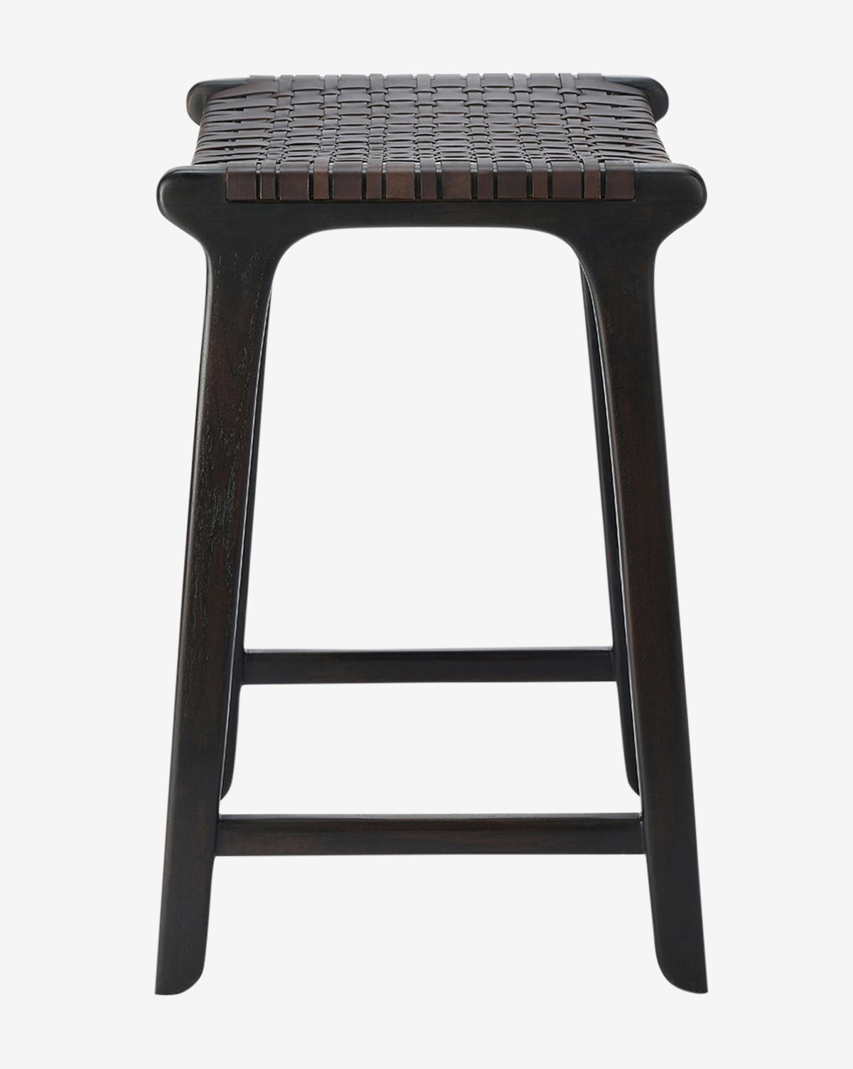 The Meliora Counter Stool by Made Goods features a dark brown, flat-woven seat and a teak frame with four angled legs and horizontal supports, shown from the front on a white background. McGee & Co.