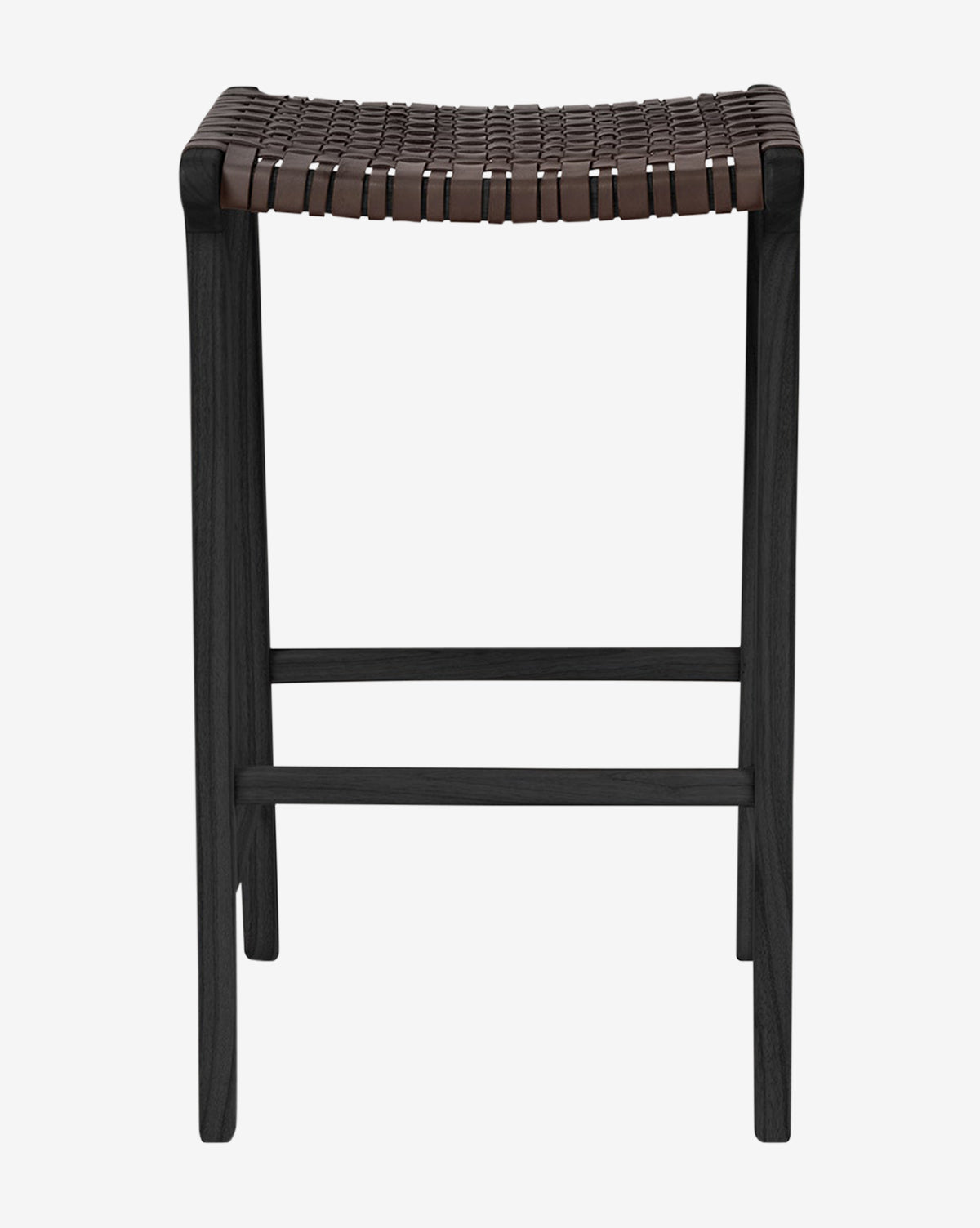 The Meliora Counter Stool by Made Goods features a teak frame and woven brown leather seat, shown on a plain white background with two horizontal support bars connecting the legs, McGee & Co.