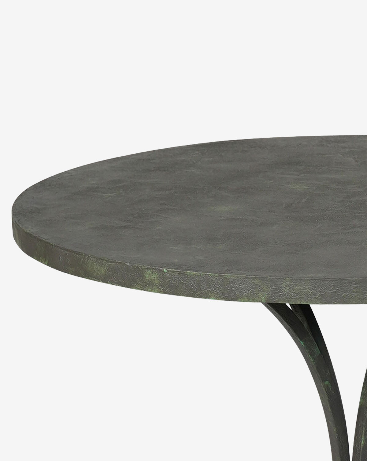 A close-up of the Mellie Outdoor Table showcases its round, dark zinc tabletop with a textured surface and slim, sturdy modern leg, set against a plain white background by McGee & Co.