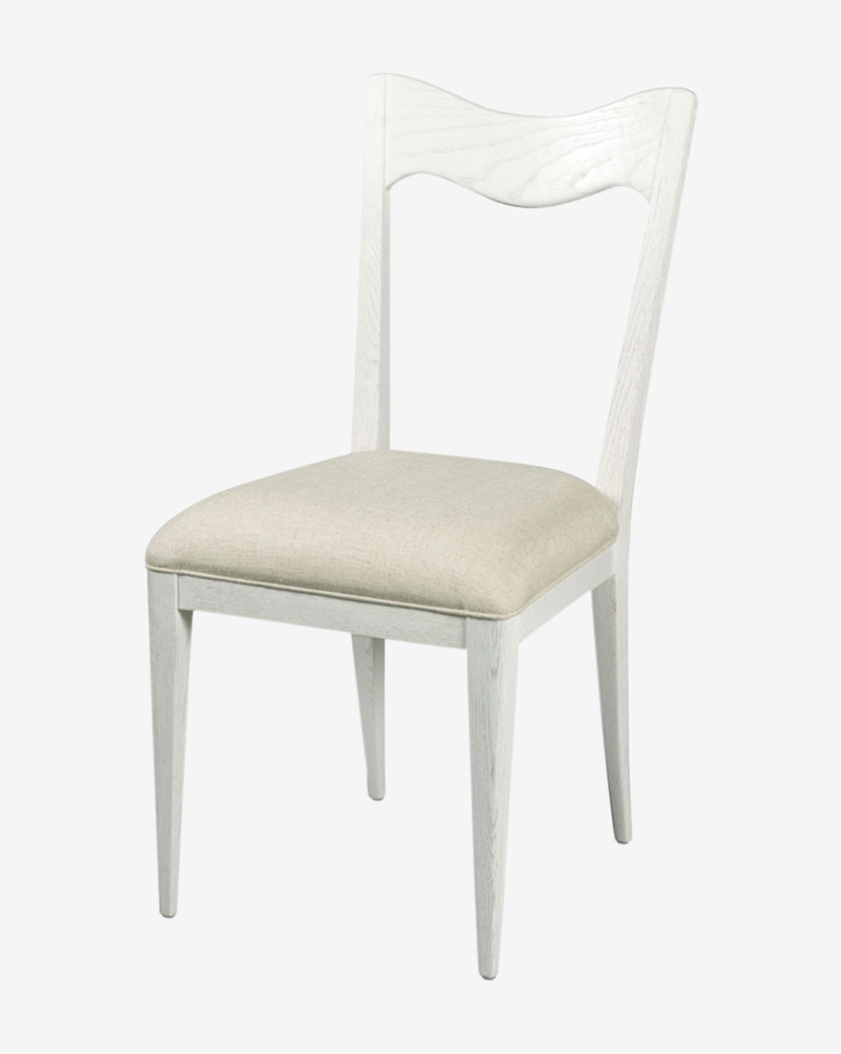 The Melody Dining Chair is crafted from solid oak with four straight legs, a curved backrest, and a light beige performance linen cushion, shown against a plain white background by McGee & Co.
