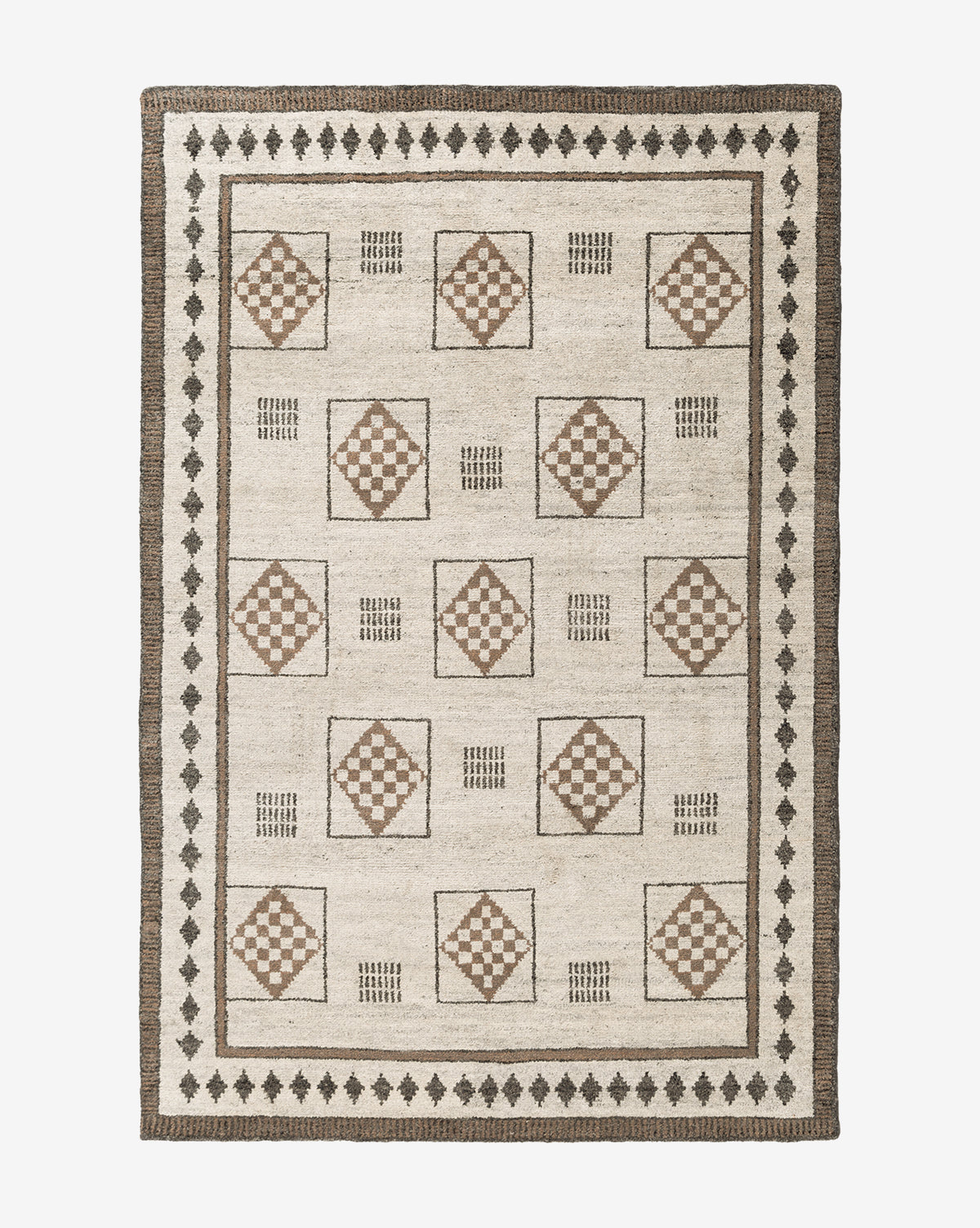 The Melville Hand-Knotted Wool Rug features a neutral palette with a cream background and geometric brown and black diamond and square patterns, finished with a border of small diamond motifs, by McGee & Co.