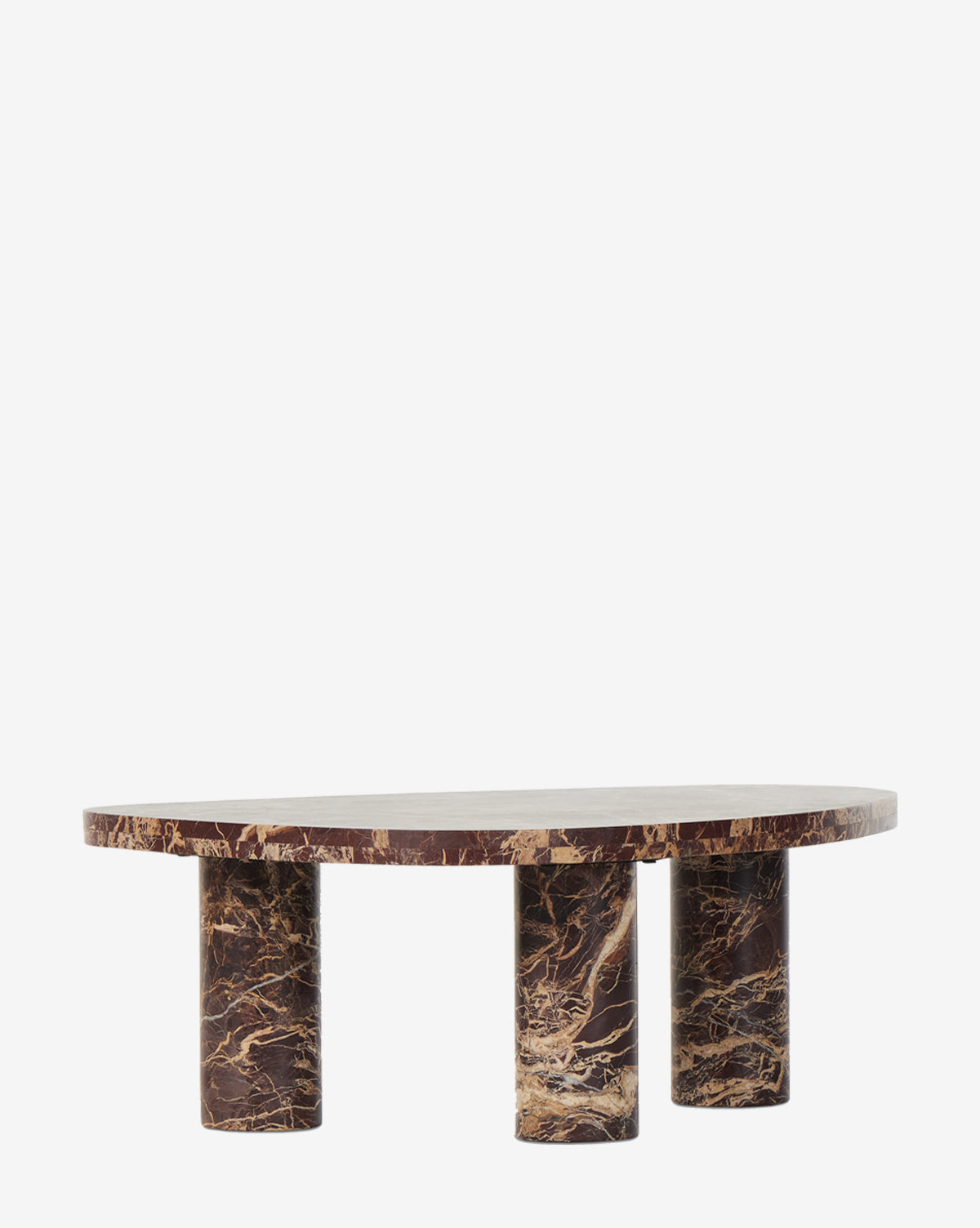 The Merlot Marble Coffee Table features an oval brown marble top and three cylindrical legs, each showcasing natural marbling in brown and beige, set against a white background. A modern piece that adds elegance to any space by McGee & Co.