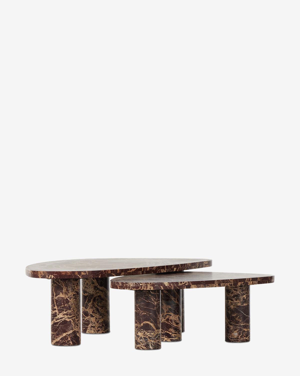 The Merlot Marble Coffee Table (Set of 2) features modern tables with rounded rectangular tops and cylindrical legs, displayed side by side against a white background by McGee & Co.
