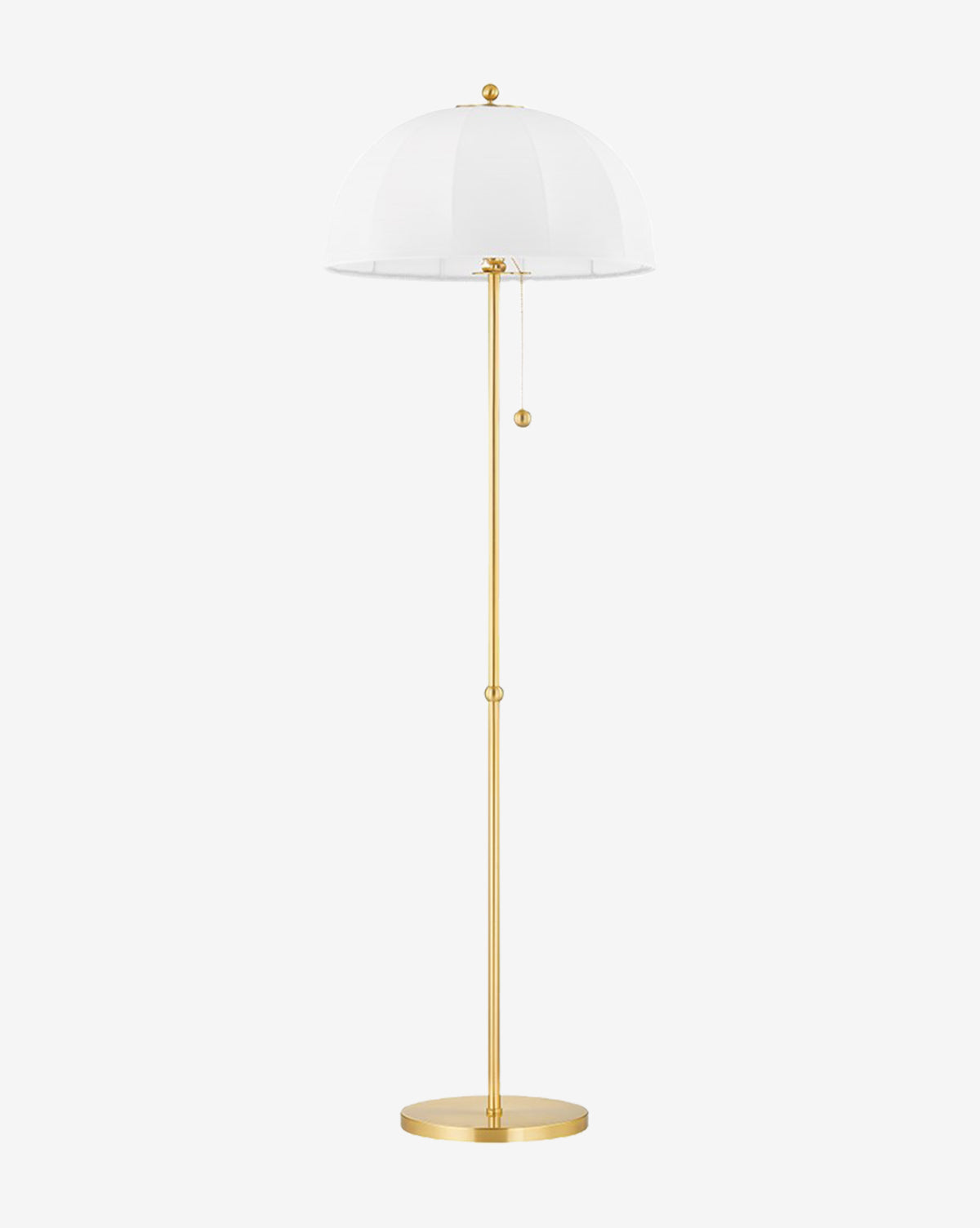 The Meshelle Floor Lamp by Hudson Valley Lighting showcases a gold finish, round base, slim pole, dome-shaped white fabric shade, and a classic pull chain switch under the shade. McGee & Co.