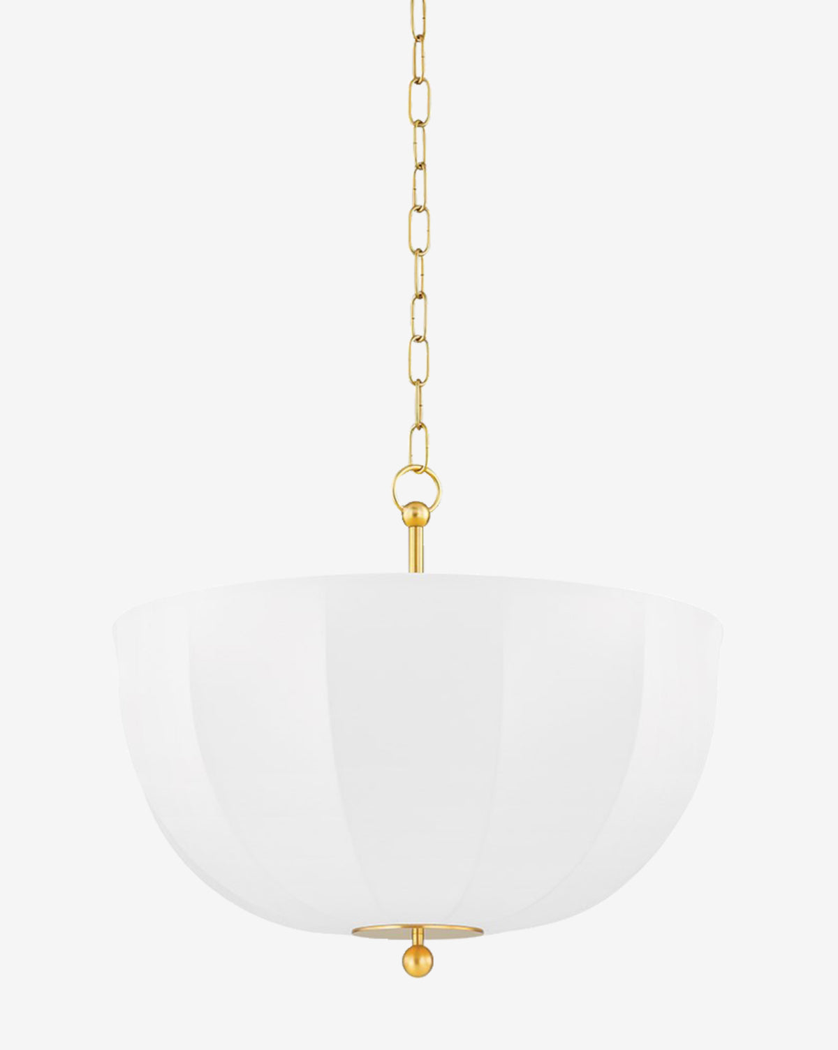 The Meshelle Pendant offers elegant, modern lighting with a bowl-shaped glass shade, gold chain, and domed white fabric diffuser. Its clean design stands out beautifully against any plain white background by McGee & Co.