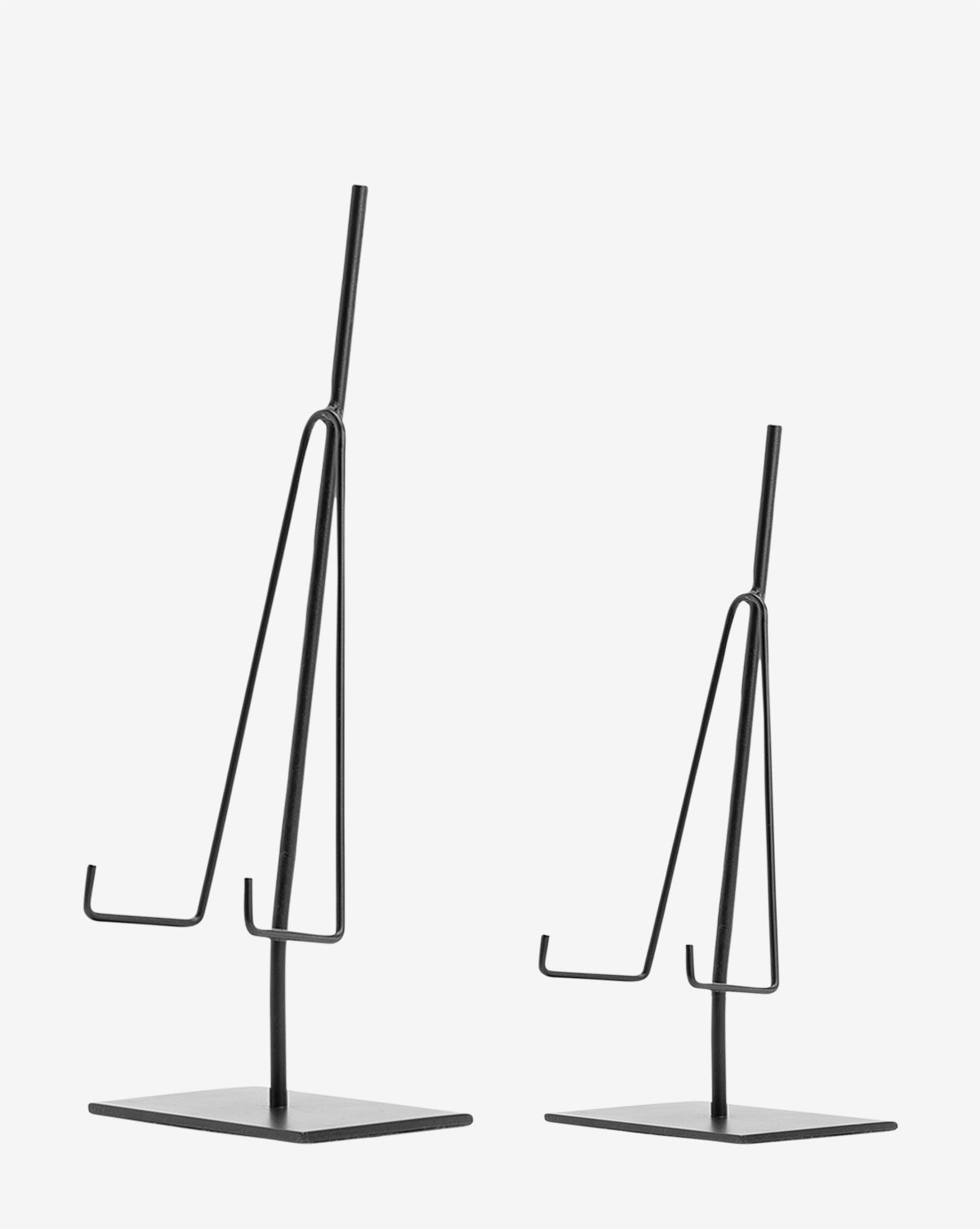 Two Metal Easels in black with square bases and angled arms, each featuring two hooks at different heights. These decorative stands come in different sizes and are shown side by side on a white background. Perfect for art display or decor.