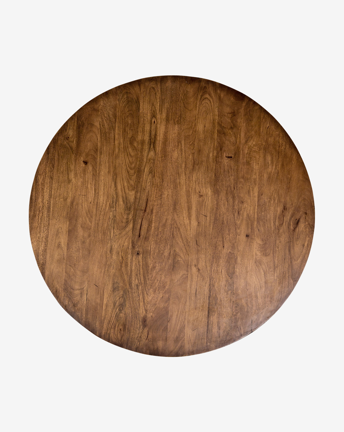 The Mia Dining Table features a round reclaimed wood tabletop with a natural brown finish and visible grain patterns, offering a rustic look—shown from above against a white background.
