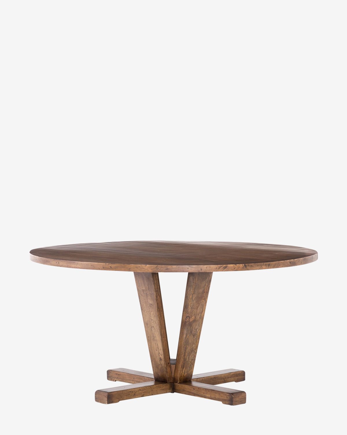 The Mia Dining Table showcases a round reclaimed wood top and sturdy V-shaped pedestal base with four flat feet, adding rustic charm to any space.