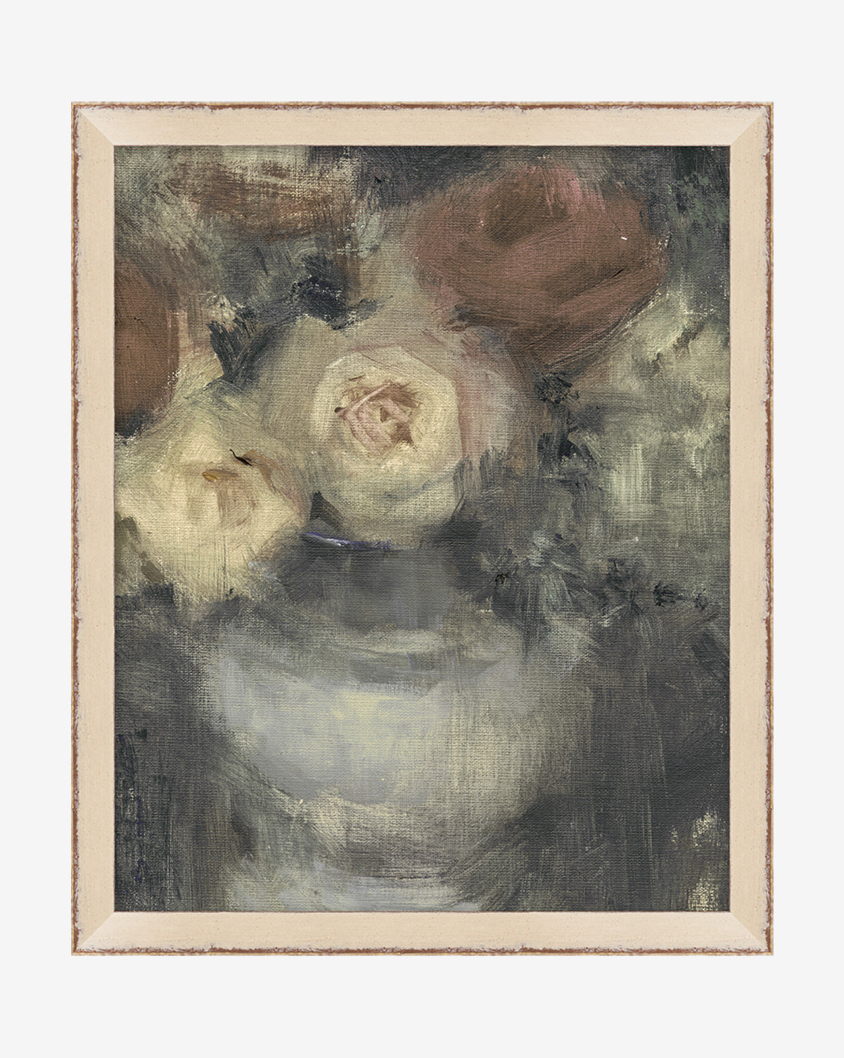 Midnight Bouquet by Leslie Dayas is an impressionistic painting of pale roses in a vase, featuring soft brushstrokes and muted cream, gray, and brown tones. It comes framed in a simple light wood—an elegant addition to any decor.