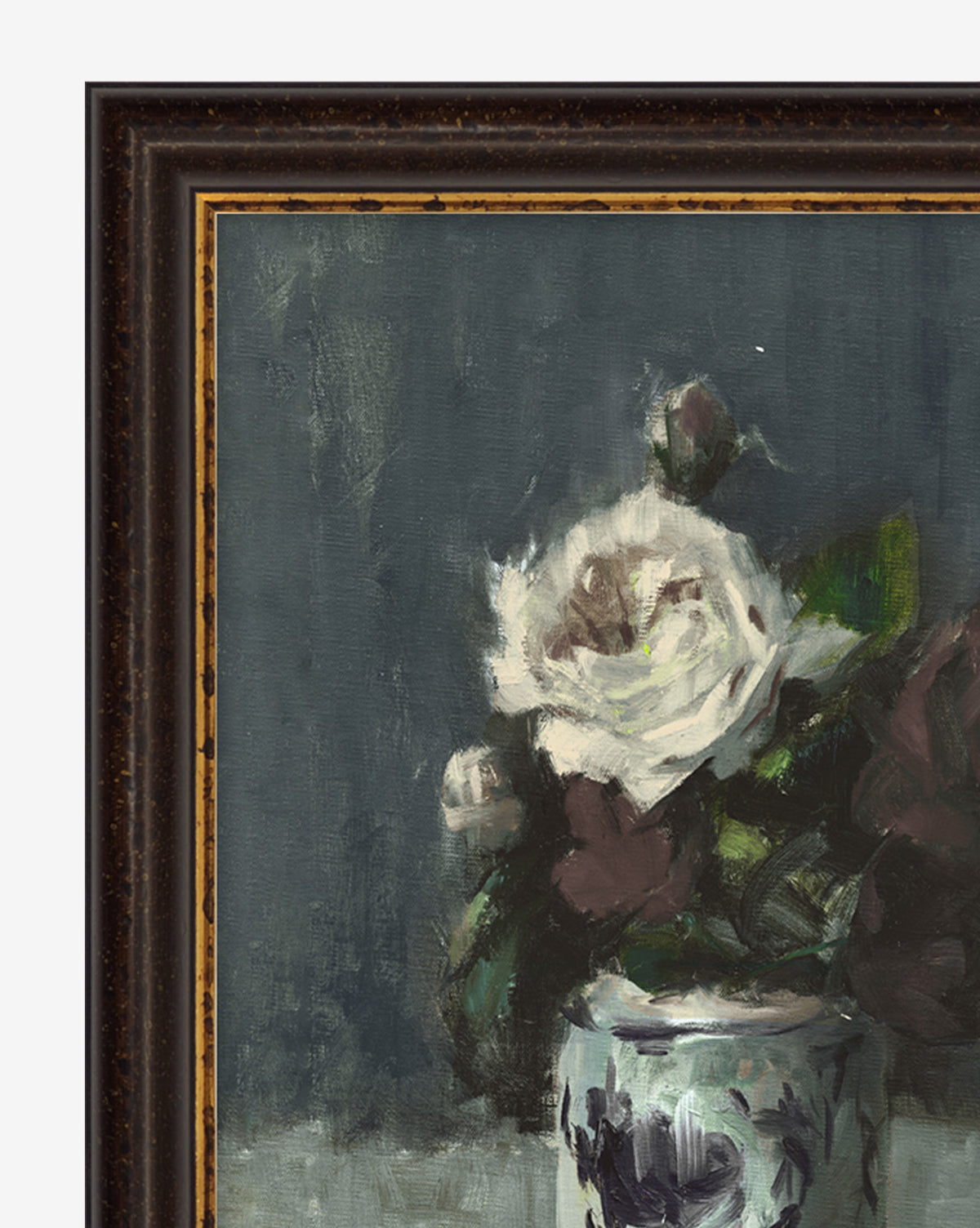 “Roses” is a framed still life painting featuring white and dark roses in a decorative vase against a blue-gray background, with loose, impressionistic brushstrokes for a classic, museum-quality look.