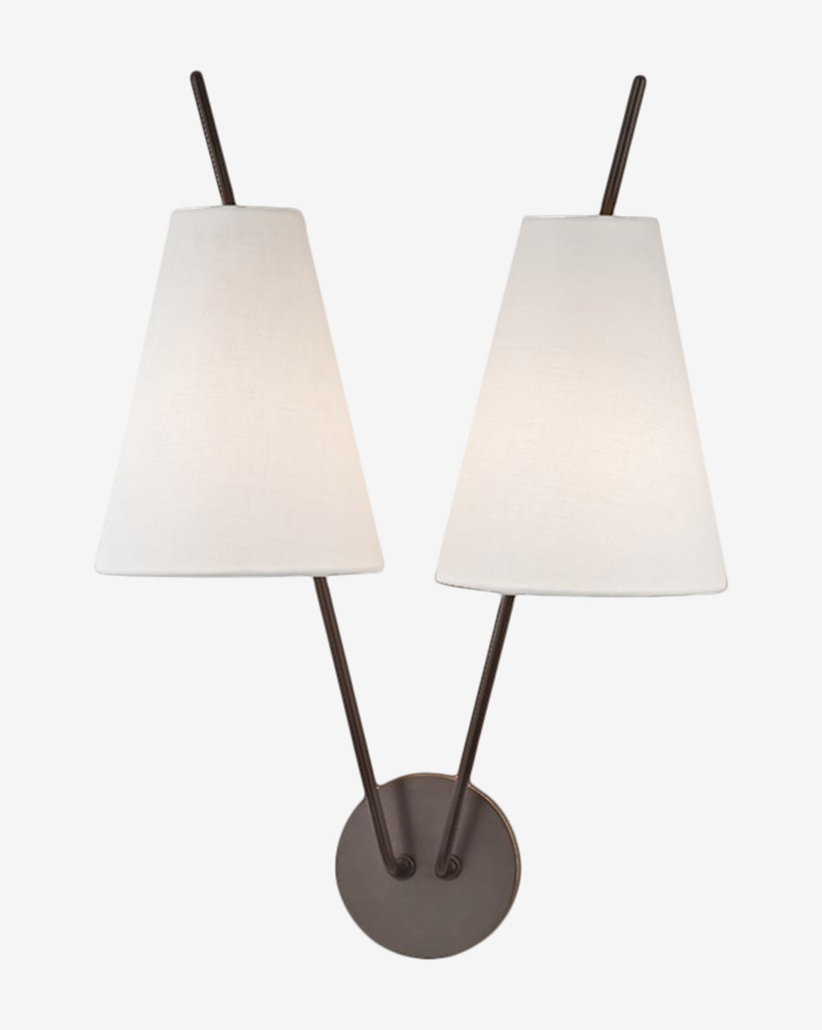The Milan Sconce by Hudson Valley Lighting features two angled black metal arms with white cone-shaped shades in a mid-century modern V shape, all mounted on a round base. McGee & Co.