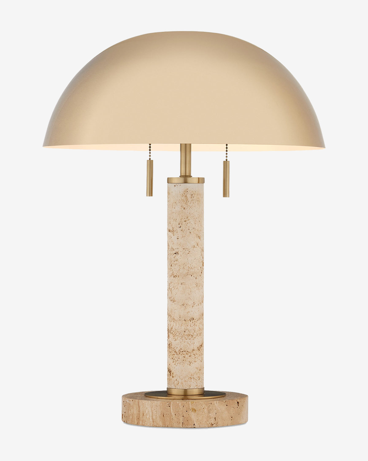 The Miles Table Lamp by Currey & Co. features a cylindrical textured natural travertine base, a matte gold dome-shaped shade, and two pull chains for a modern touch. McGee & Co.
