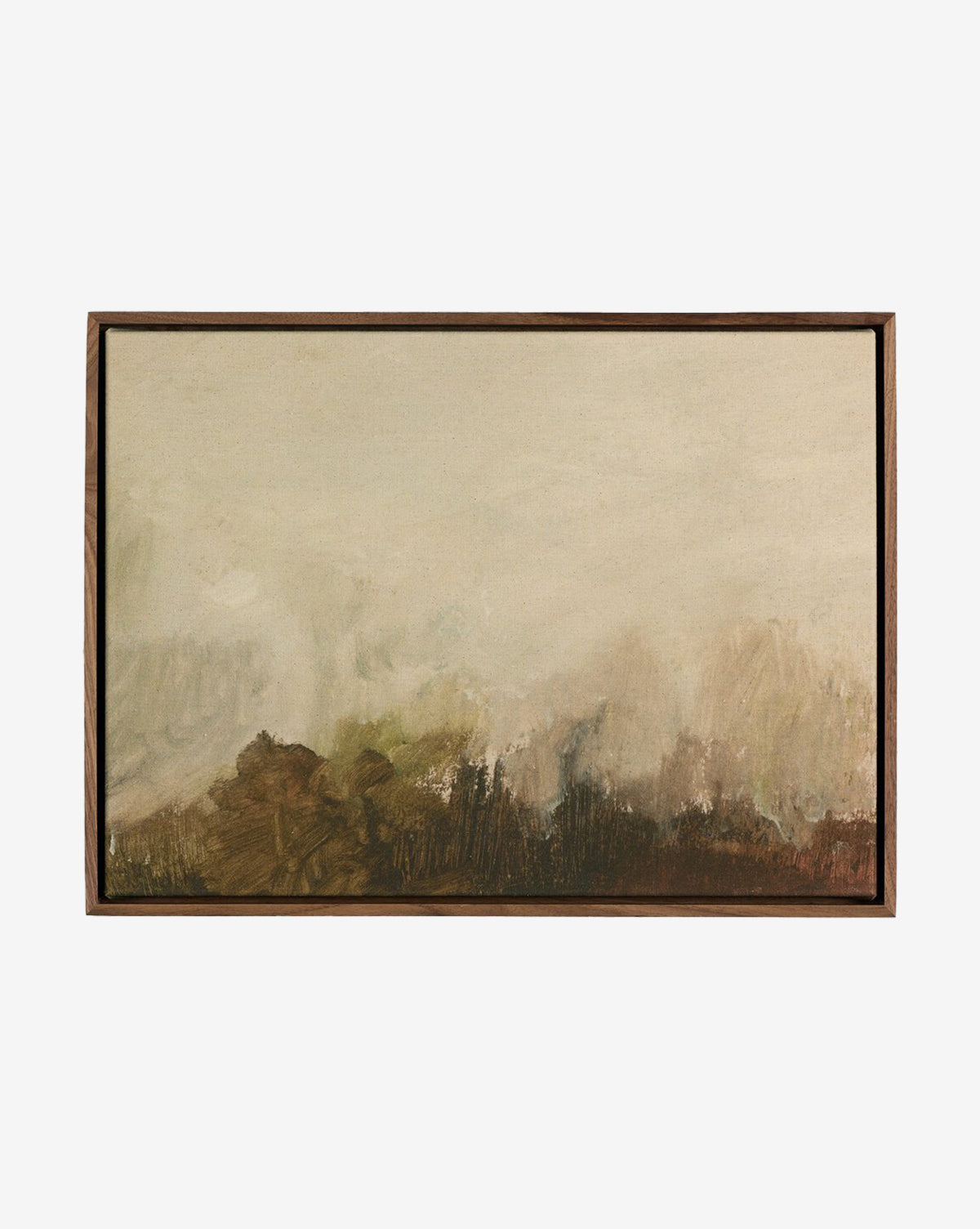 “Minato” by Dan Hobday is a framed abstract landscape featuring earthy browns, greens, and beige on raw canvas with soft brushstrokes—a museum-quality piece perfect for any space, by McGee & Co.