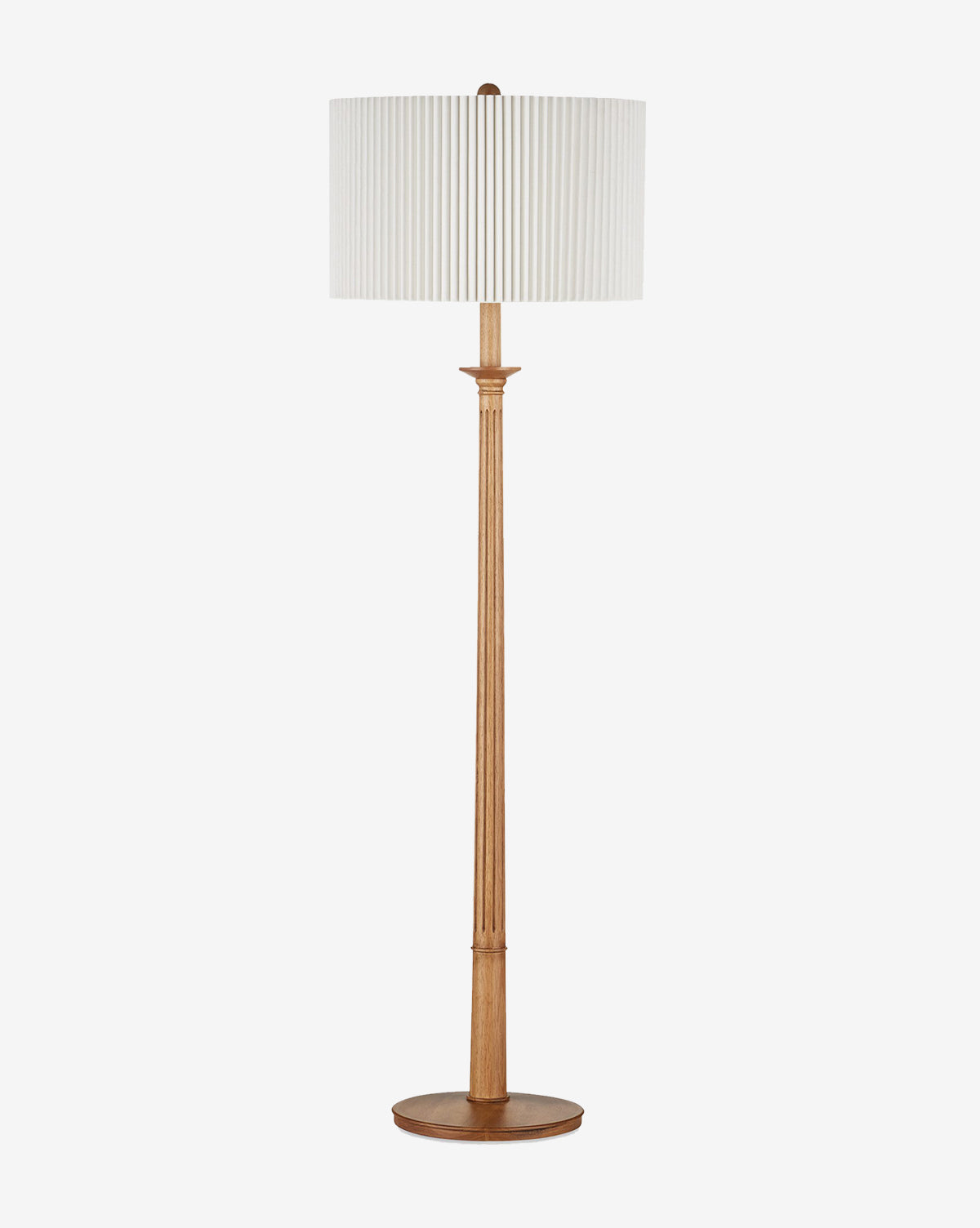 The Currey & Co. Mitford Floor Lamp showcases a natural wood base and stand with a wide bone linen shade, displayed on a plain white background. McGee & Co.