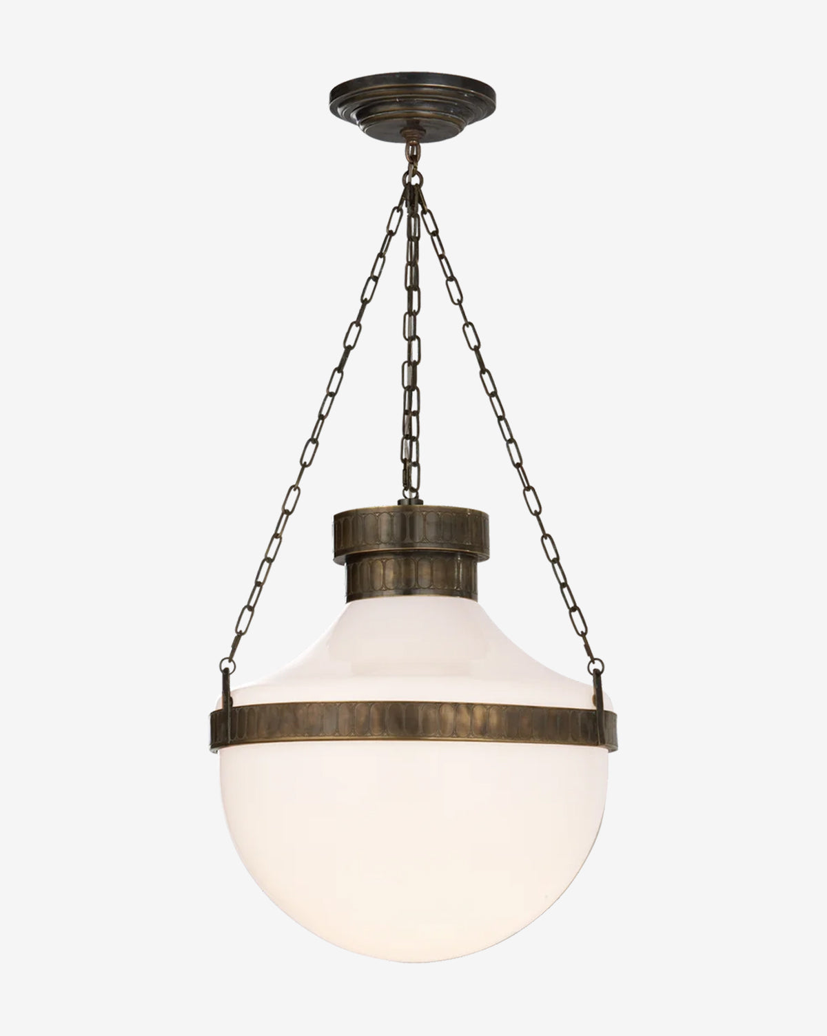 The Modern Schoolhouse Lantern features an opaque white glass globe, three metal chains, and a circular antique brass mount with classic bronze trim, bringing sophisticated vintage-style lighting to any space, by McGee & Co.