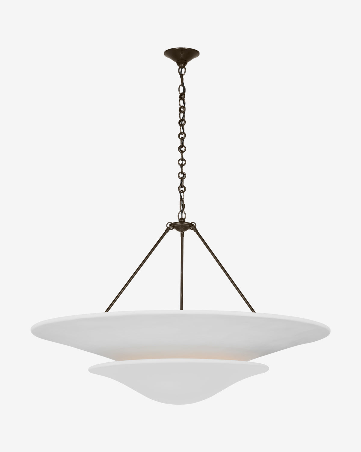 The Mollino 40 Chandelier by Visual Comfort & Co. Signature features a dark metal chain and rods suspending a wide, white, shallow bowl-shaped glass shade—bringing elegant contemporary style to any space. McGee & Co.