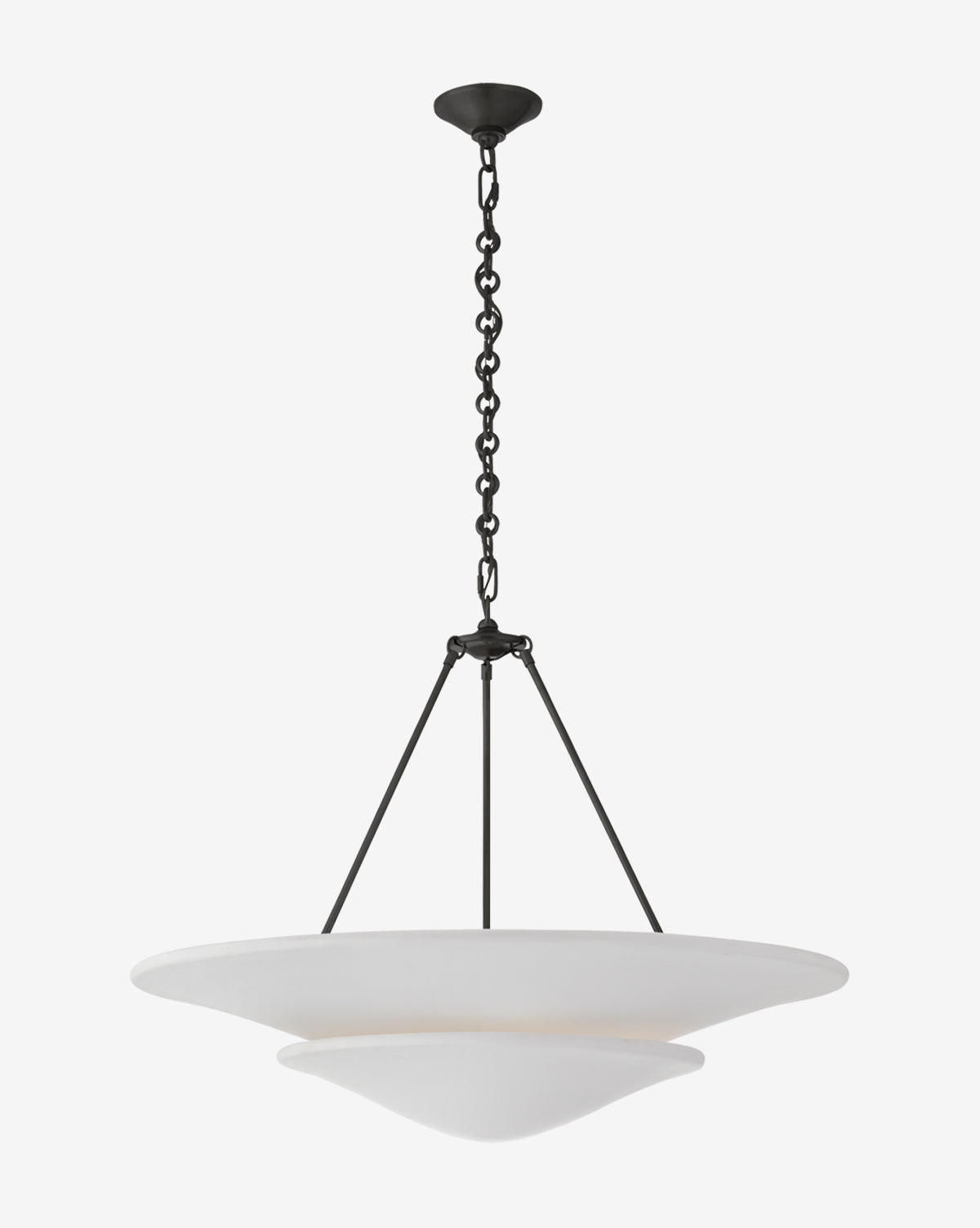 The Visual Comfort & Co. Signature Mollino Chandelier has a black frame, antique brass chain, and two white overlapping bowl-shaped shades suspended from the ceiling against a white background, McGee & Co.