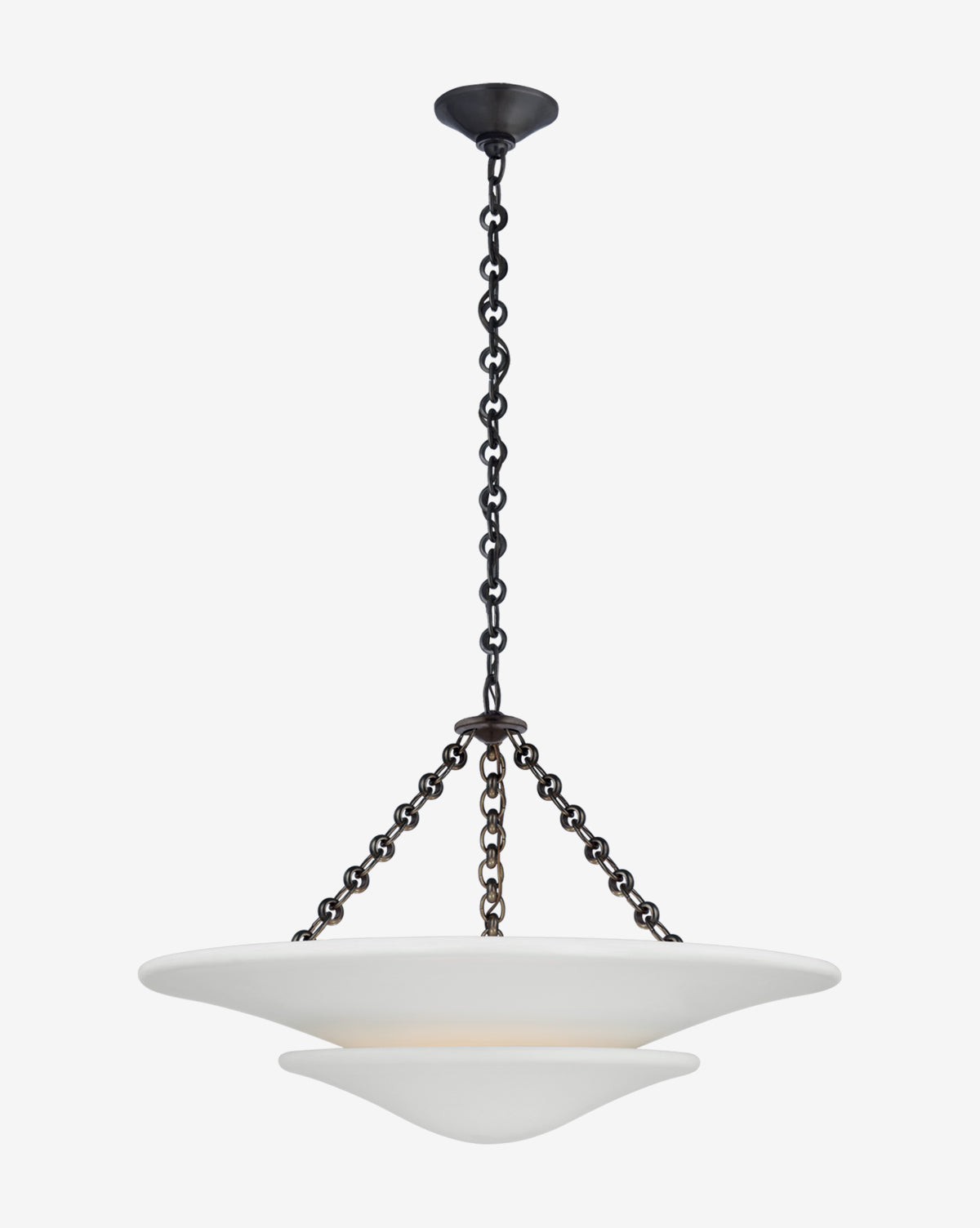 The Mollino Tiered Chandelier by Visual Comfort & Co. Signature is a contemporary fixture with a matte black chain and double-layered white frosted glass shade, elegantly showcased against a plain white background. Available at McGee & Co.