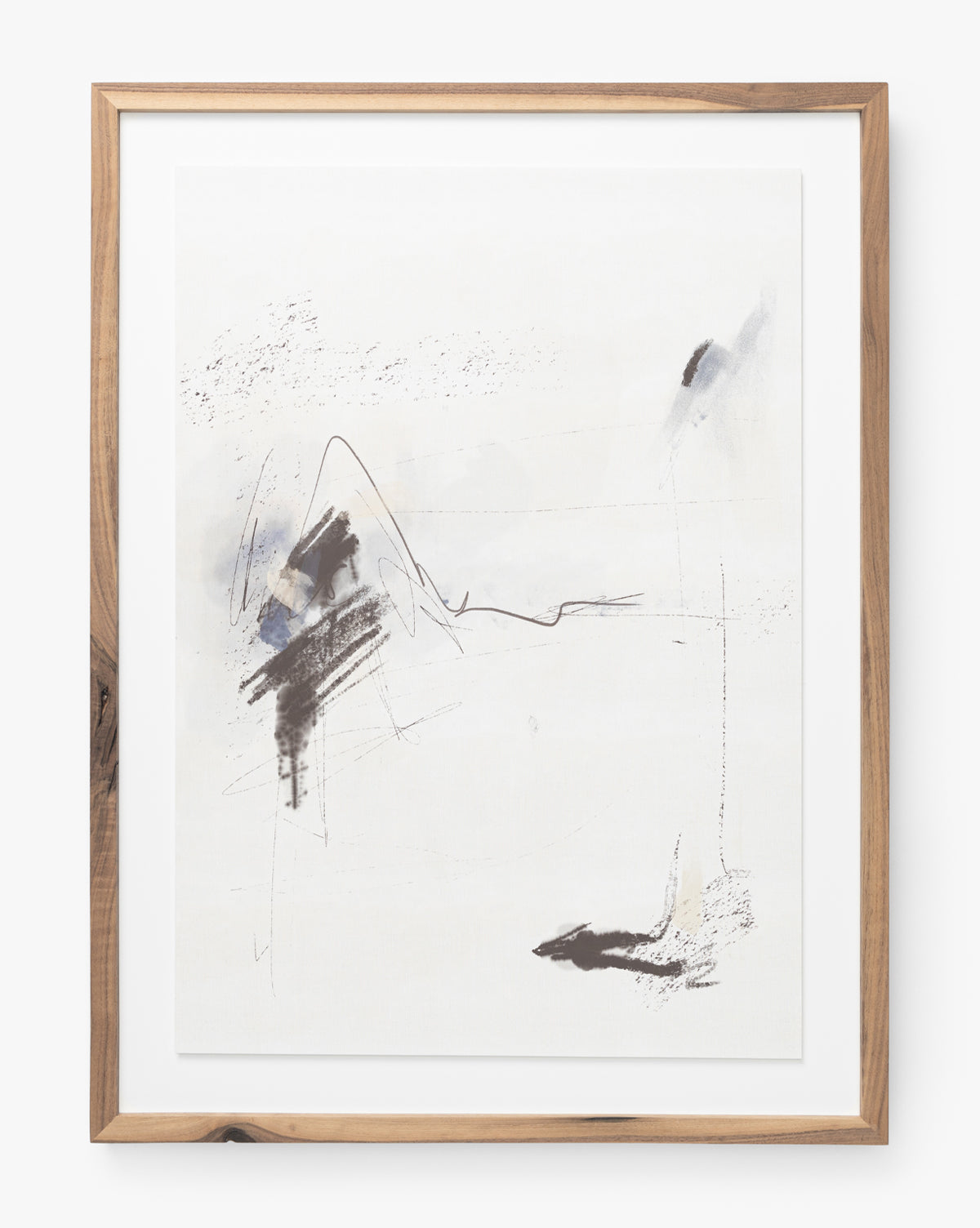 Momento II by Coup dEsprit is a minimalist abstract giclee print in a rustic walnut frame, featuring faint pencil lines, smudges, and black brush strokes on white with hints of gray and blue for a subtle, airy landscape effect.