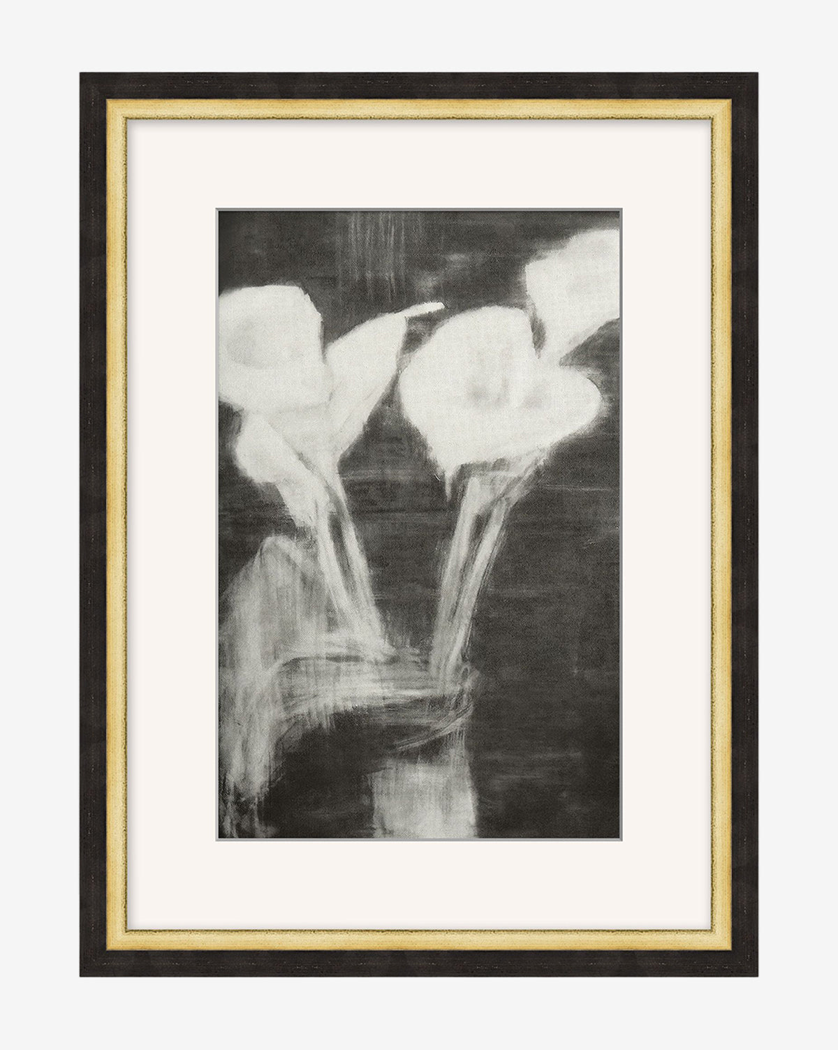 Monochrome Florals is a framed giclee print featuring three abstract white calla lilies with stems on a dark, textured background. This home accent offers minimal details for a soft, blurred effect, by McGee & Co.