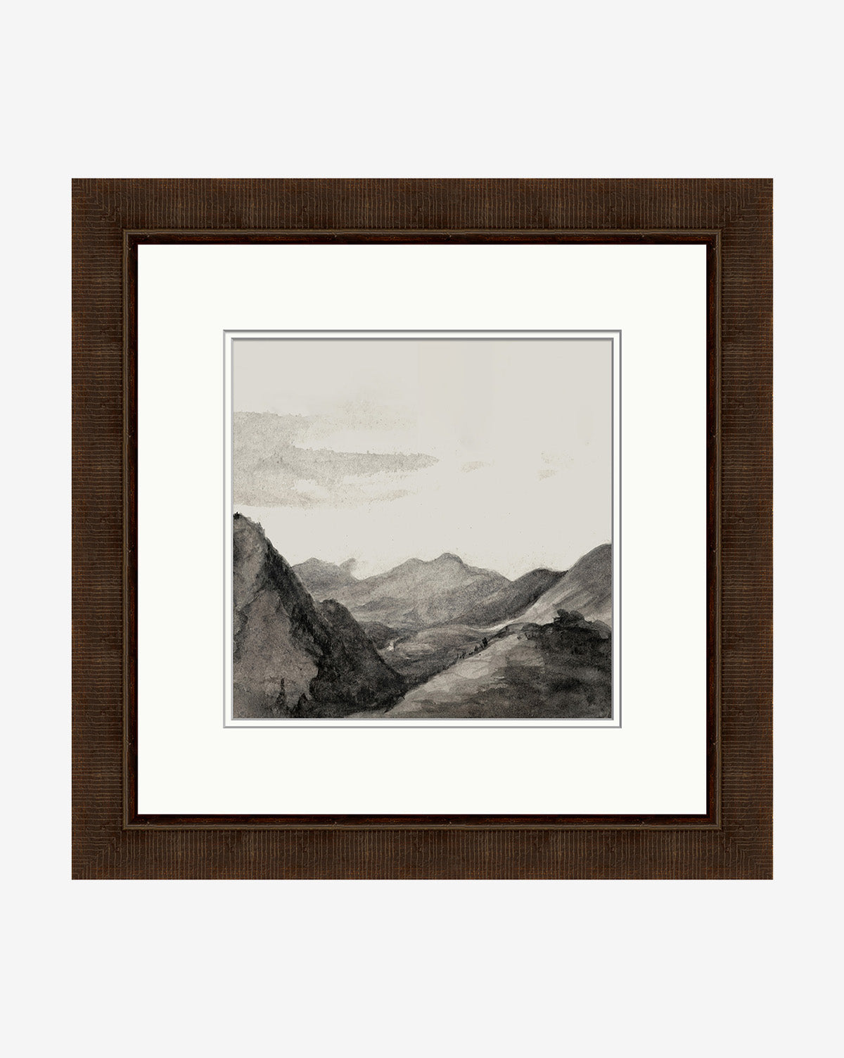 Monochrome Mountains is a framed black-and-white landscape drawing showing distant mountains beneath a cloudy sky, finished with a white mat and espresso wood frame for an elegant look.