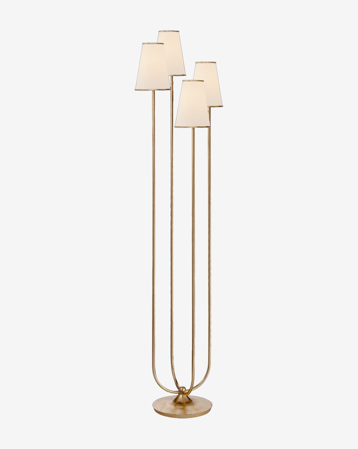 The Montreuil Floor Lamp by Visual Comfort & Co. Signature features three gold metal stems of varying heights, each with a white angular shade and a round gold base—ideal for adding modern style to any living room or home office. Available at McGee & Co.