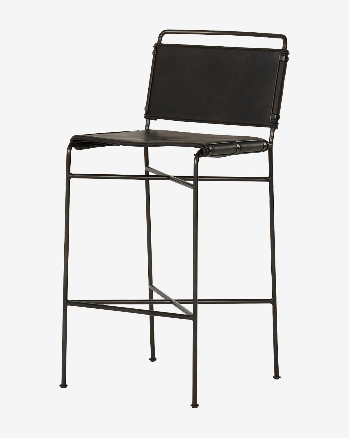 The Moore Stool features a minimalist industrial design with a black metal frame, square seat and backrest in smooth dark material, slender legs, open-frame design, and a horizontal support bar for added stability, by McGee & Co.