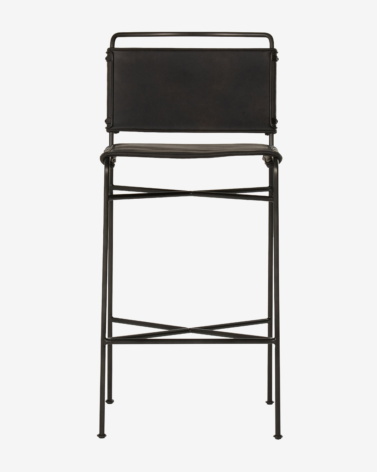 The Moore Stool is a tall, black metal industrial-style chair with a rectangular backrest and four slender legs joined by crossbars, shown from the front on a white background by McGee & Co.