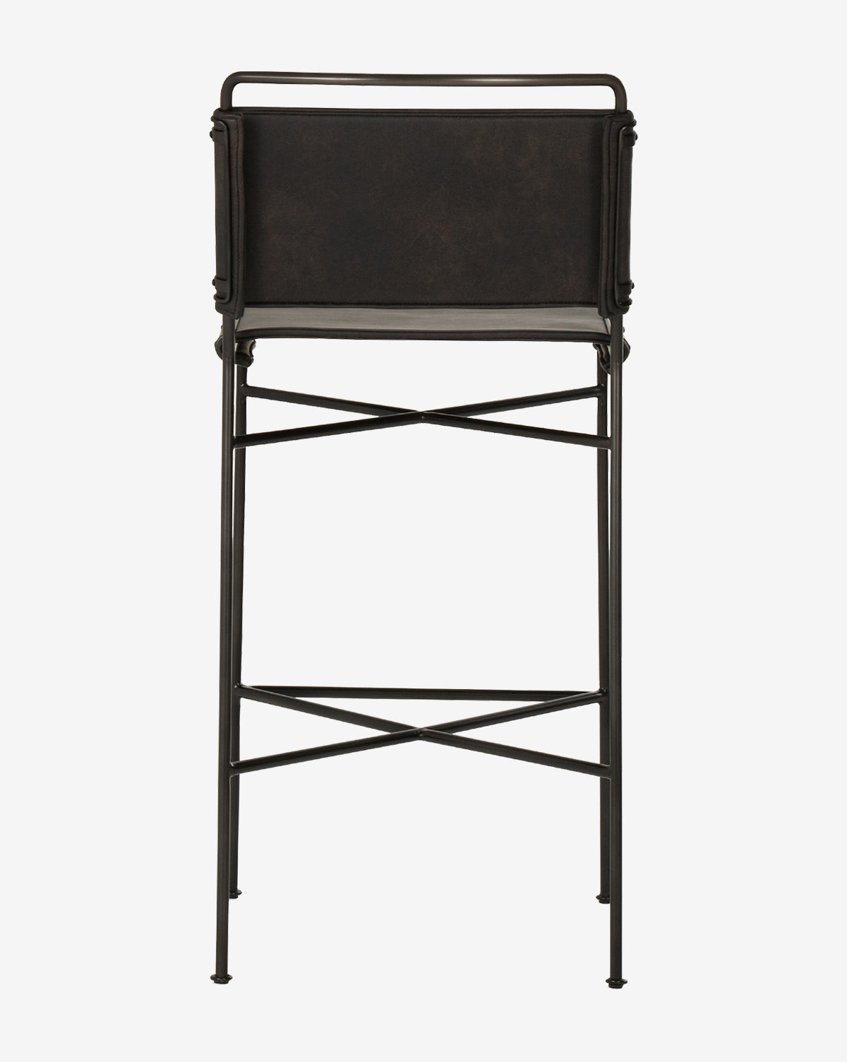 The Moore Stool features a tall, modern black metal frame with slender legs and a rectangular, cushioned backrest for an industrial look, shown from the back against a white background, by McGee & Co.