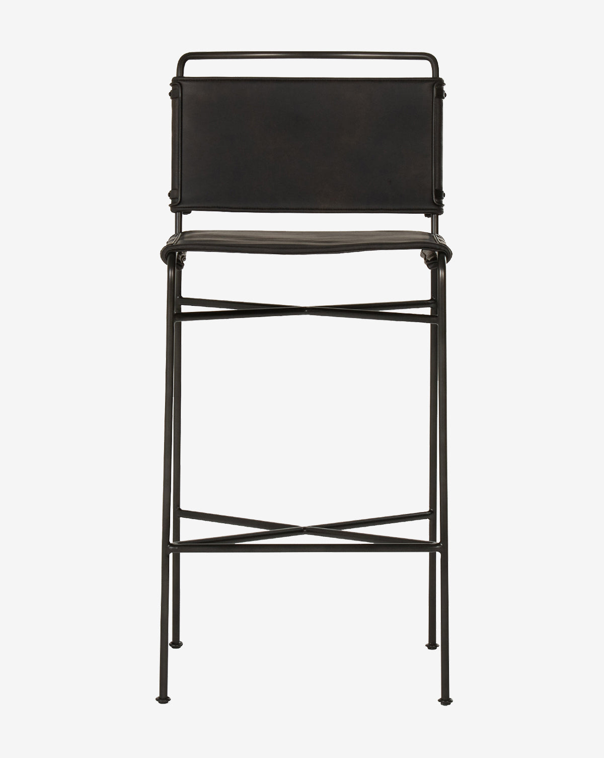 The Moore Stool features a black finish, rectangular backrest, slim legs, and a minimalist industrial design, by McGee & Co. The image displays the stools rear view set against a white background.