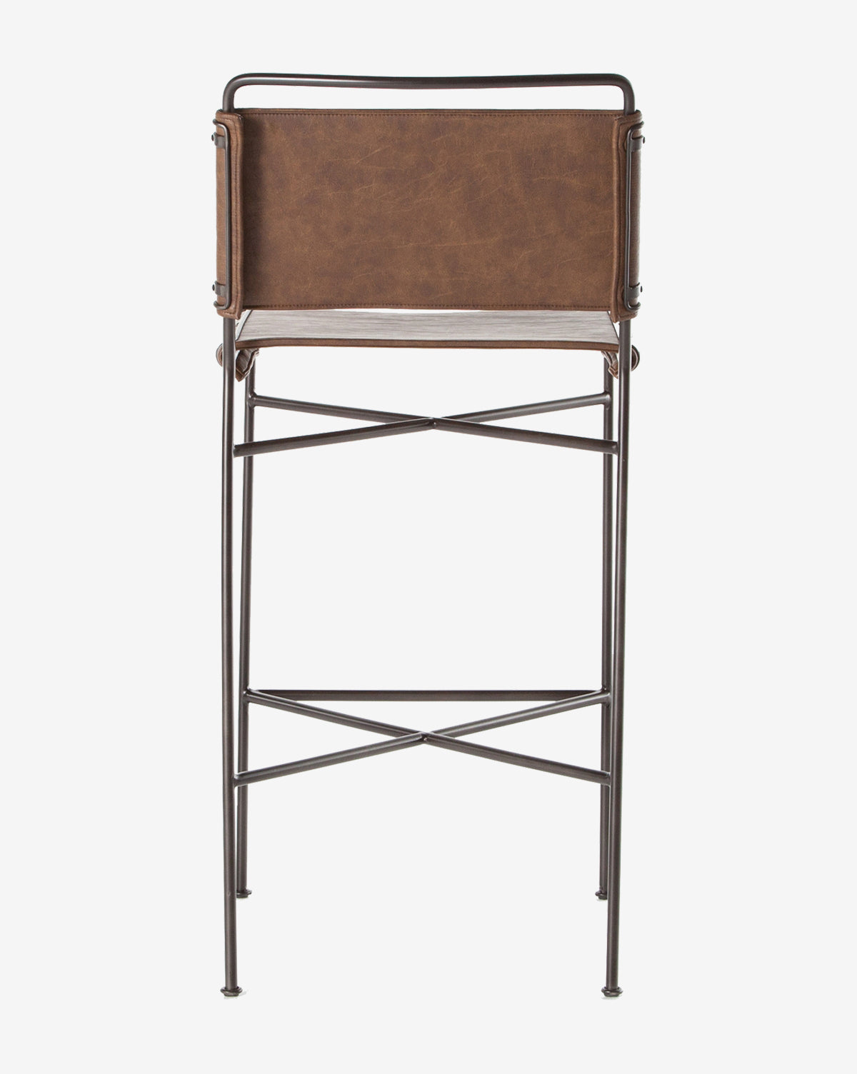 The Moore Stool features a tall design with brown leather seat and backrest, set on a slim black metal frame with crossbar supports, highlighting its industrial style against a white backdrop, by McGee & Co.