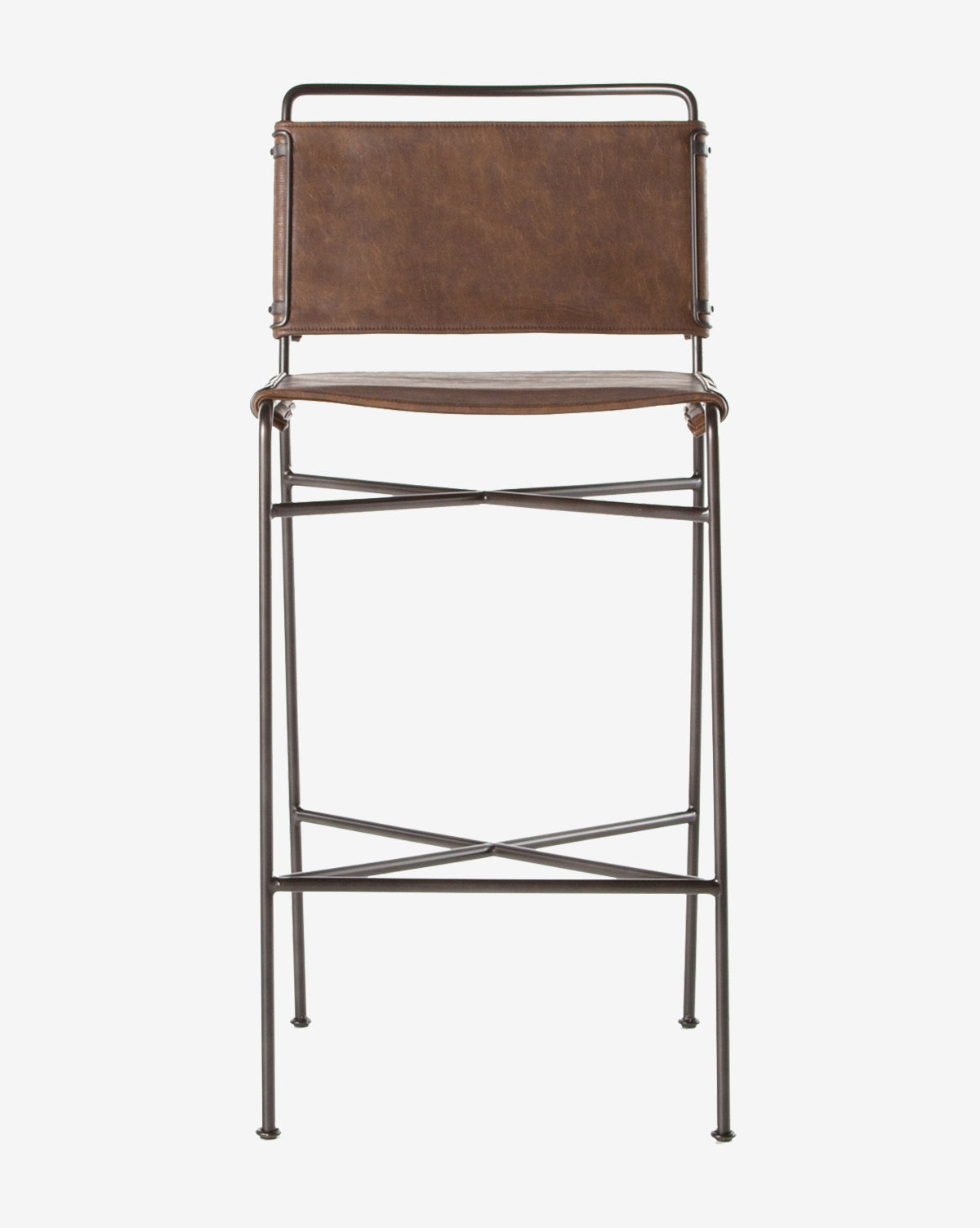 The Moore Stool showcases industrial style with a metal frame and brown leather seat and backrest, presented on a plain white background by McGee & Co.