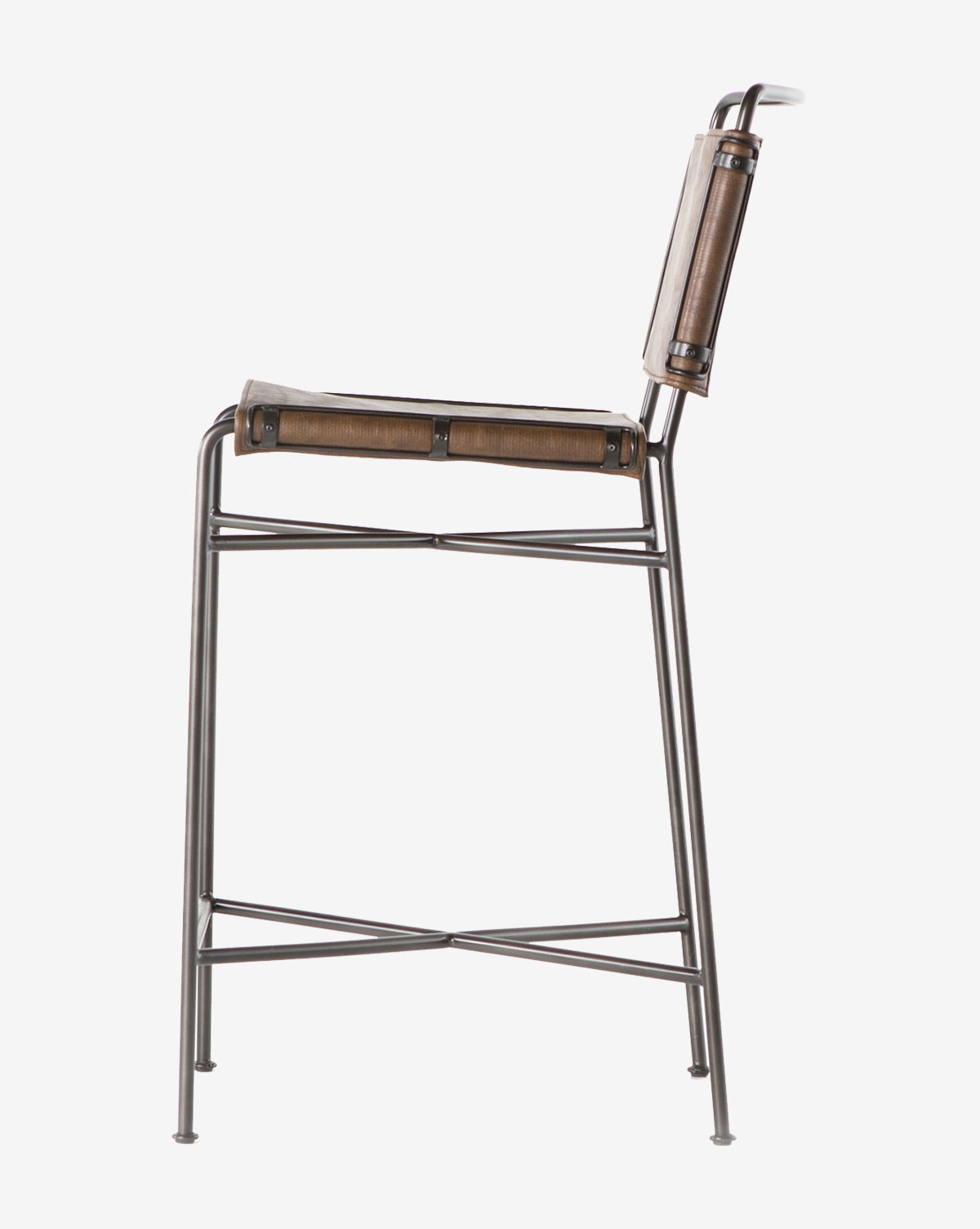 The Moore Stool features an industrial style with a metal frame and brown wooden seat and backrest, highlighted by its minimalist design, by McGee & Co.