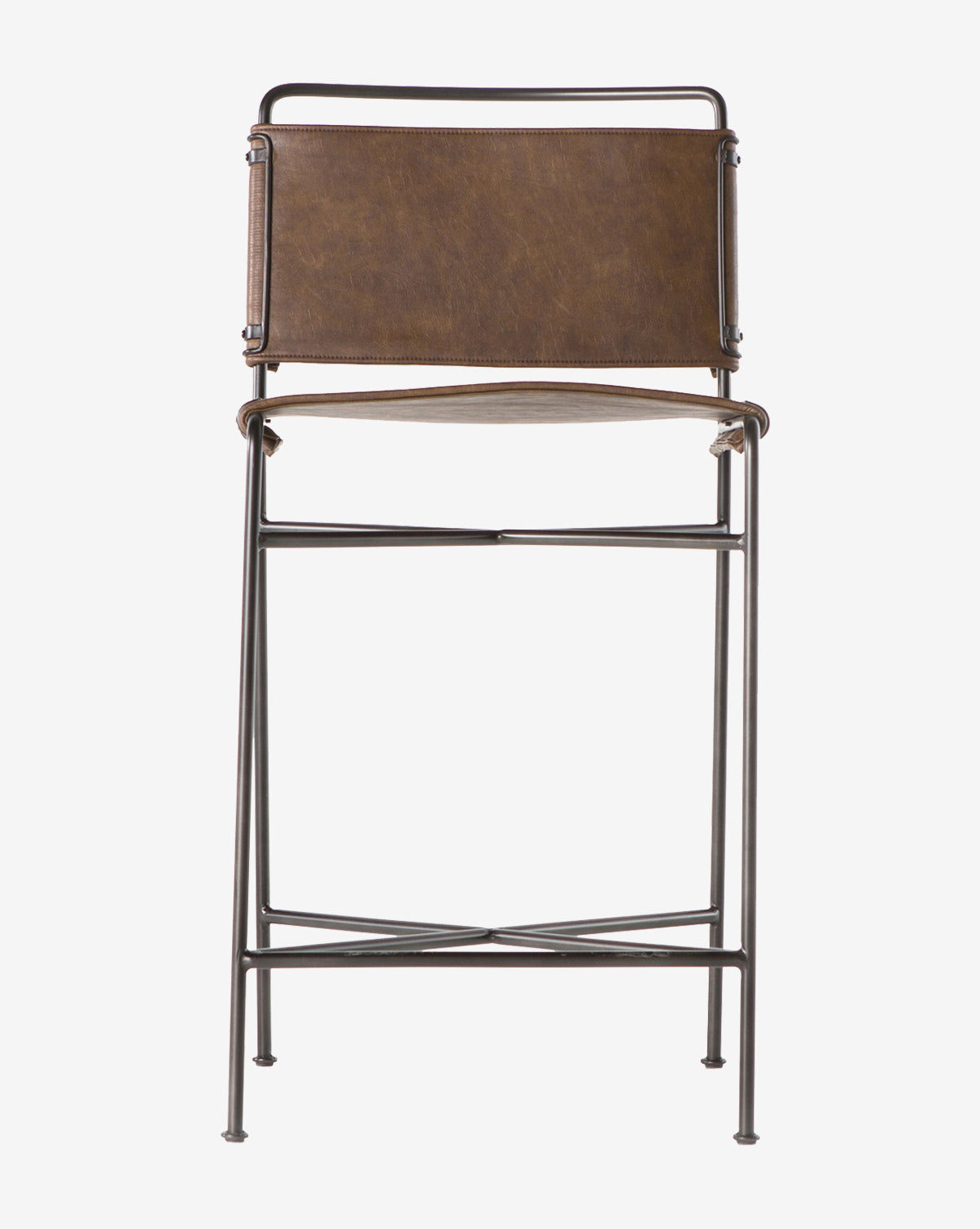 The Moore Stool showcases modern sophistication with its brown leather backrest and seat, slim black metal frame, and industrial style—all highlighted when viewed from behind against a plain white background, by McGee & Co.