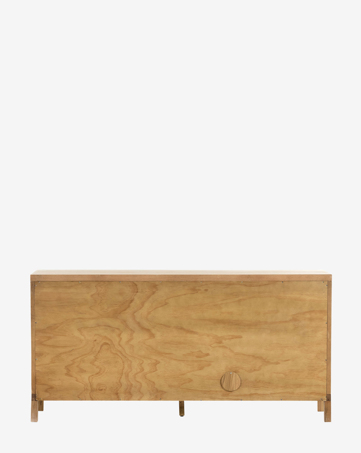 The Mora Sideboard features a simple, rectangular wood design with a honey oak finish, classic short sturdy legs, and a small round wooden knob on the front panel near the bottom right corner for mid-century appeal, by McGee & Co.