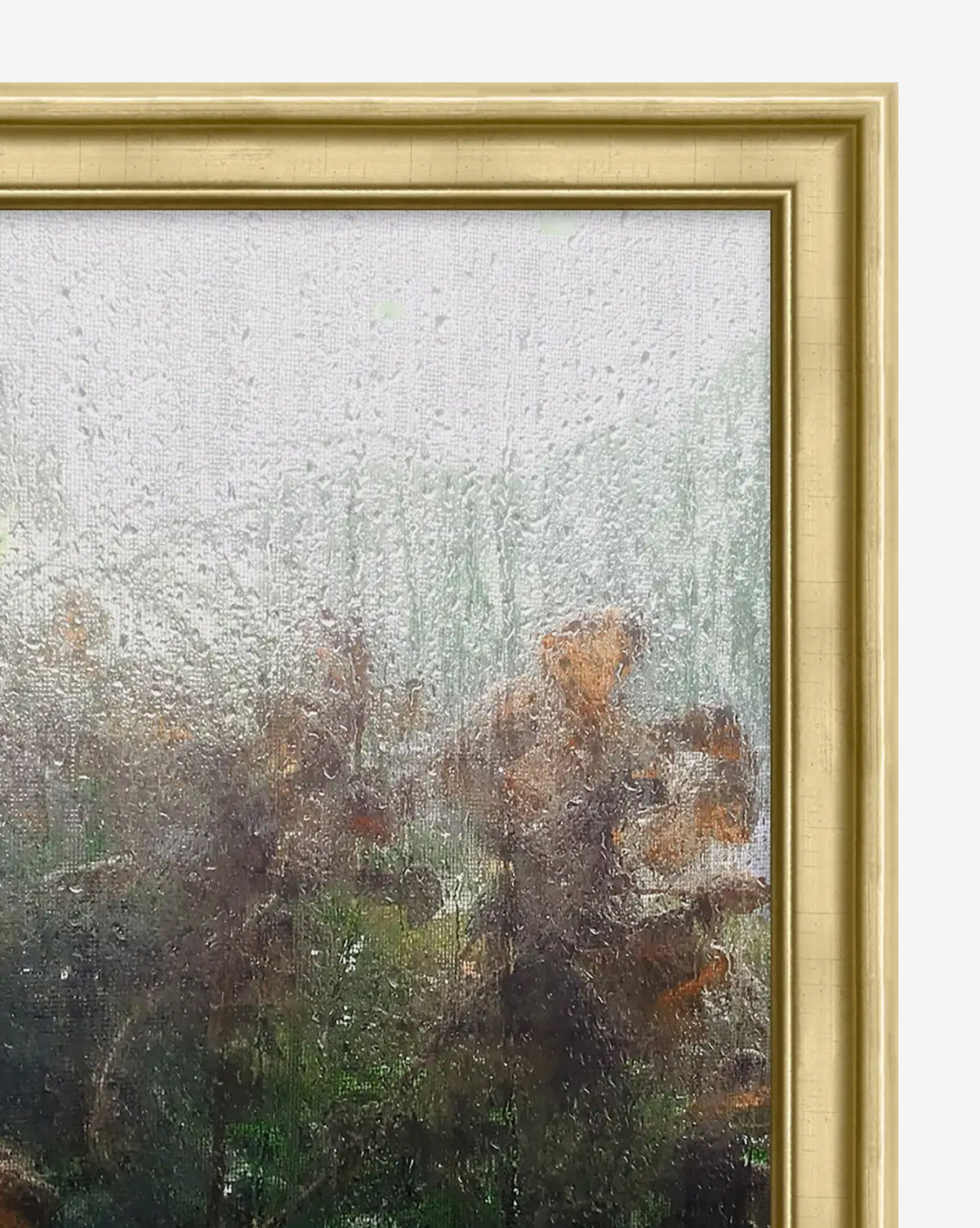 Morning Dew View by Patrick Wilson is a framed giclée on canvas, featuring blurry flowers and greenery seen through rain-streaked glass for a misty, impressionistic look—ideal for serene home décor, by McGee & Co.