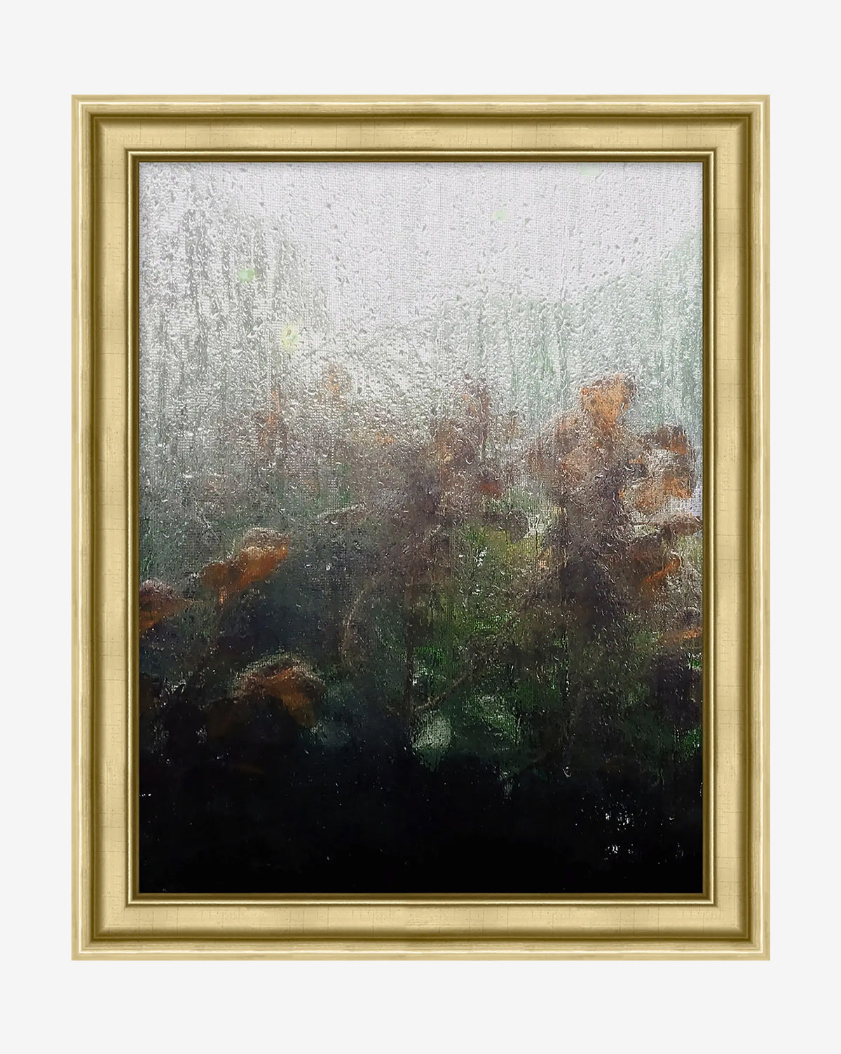 Morning Dew View by Patrick Wilson is a framed giclée on canvas featuring textured, misty green foliage and brownish flowers—evoking plants seen through rain—for serene home decor, by McGee & Co.